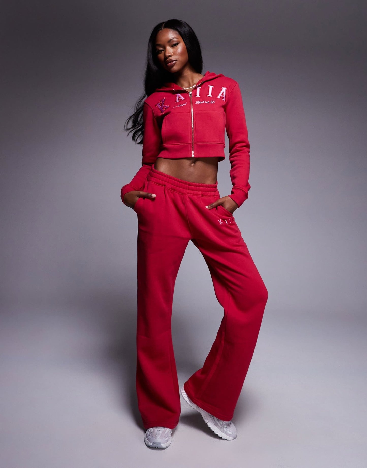 Kaiia cotton blend embroidered logo oversized hoodie co - ord in red and pink - ASOS Sample Sale EU Store