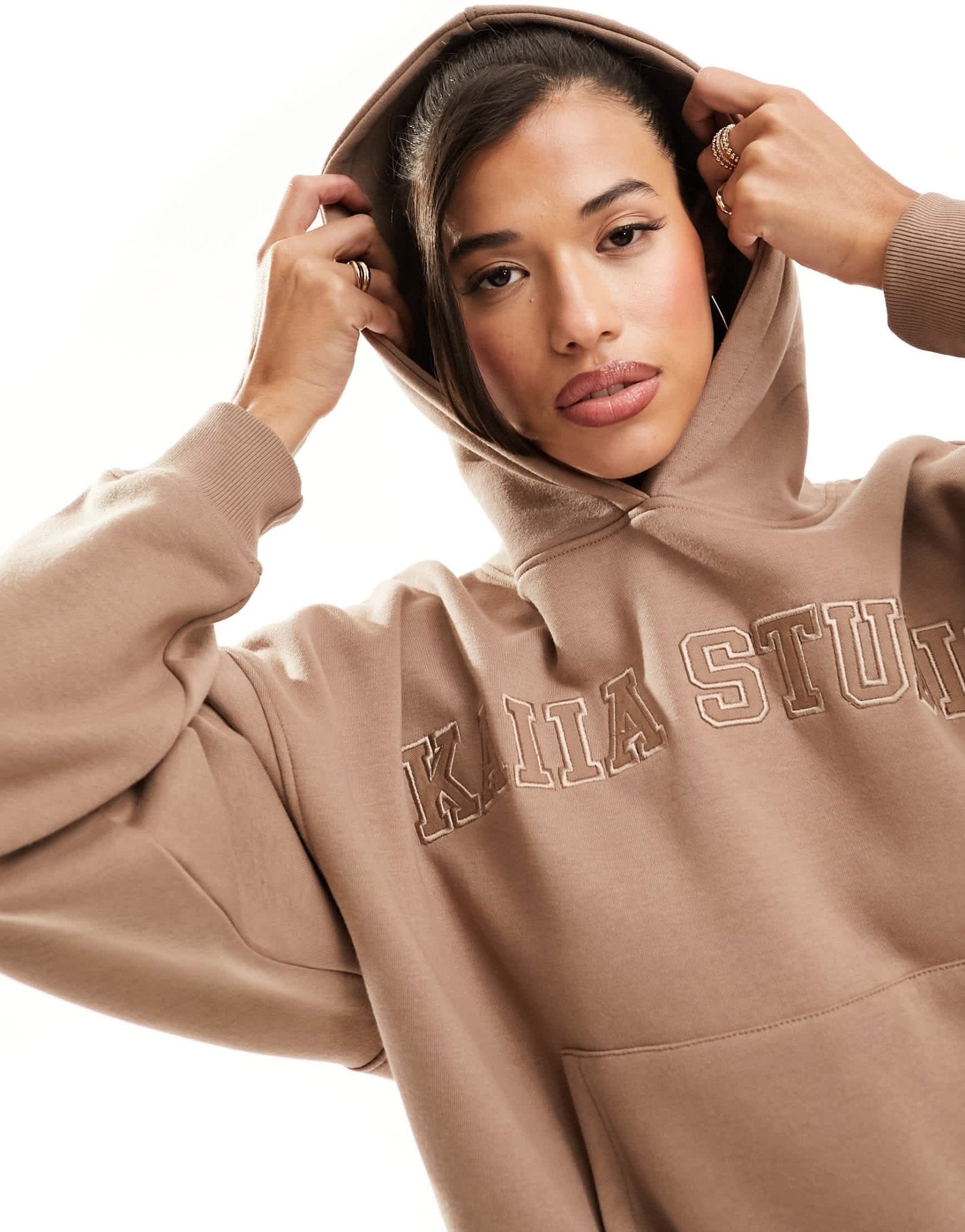Kaiia cotton blend studio logo oversized hoodie co - ord in caramel - ASOS Sample Sale EU Store