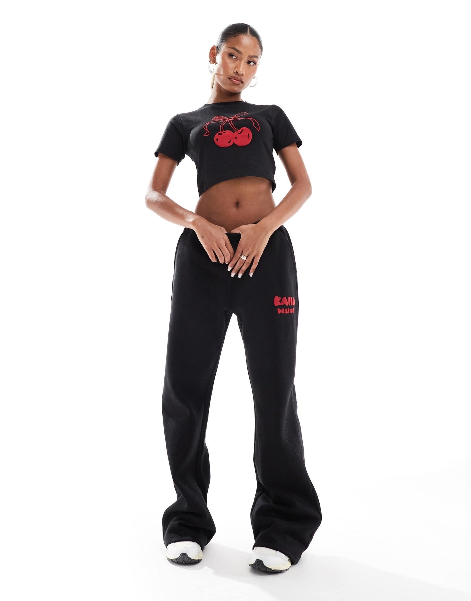 Kaiia cotton rich bow cherry motif cropped baby tee co - ord in black - ASOS Sample Sale EU Store
