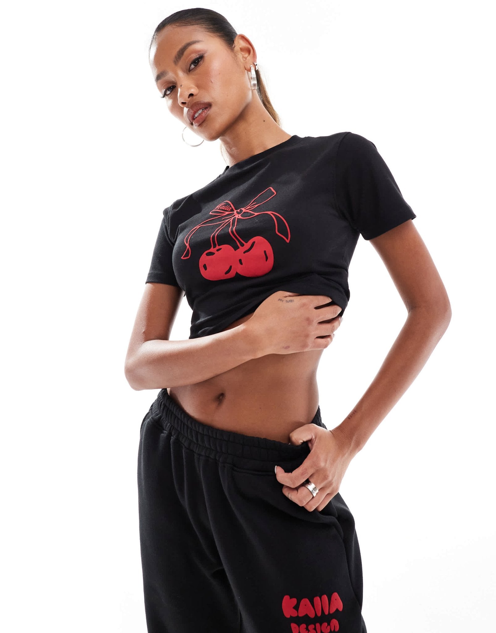 Kaiia cotton rich bow cherry motif cropped baby tee co - ord in black - ASOS Sample Sale EU Store