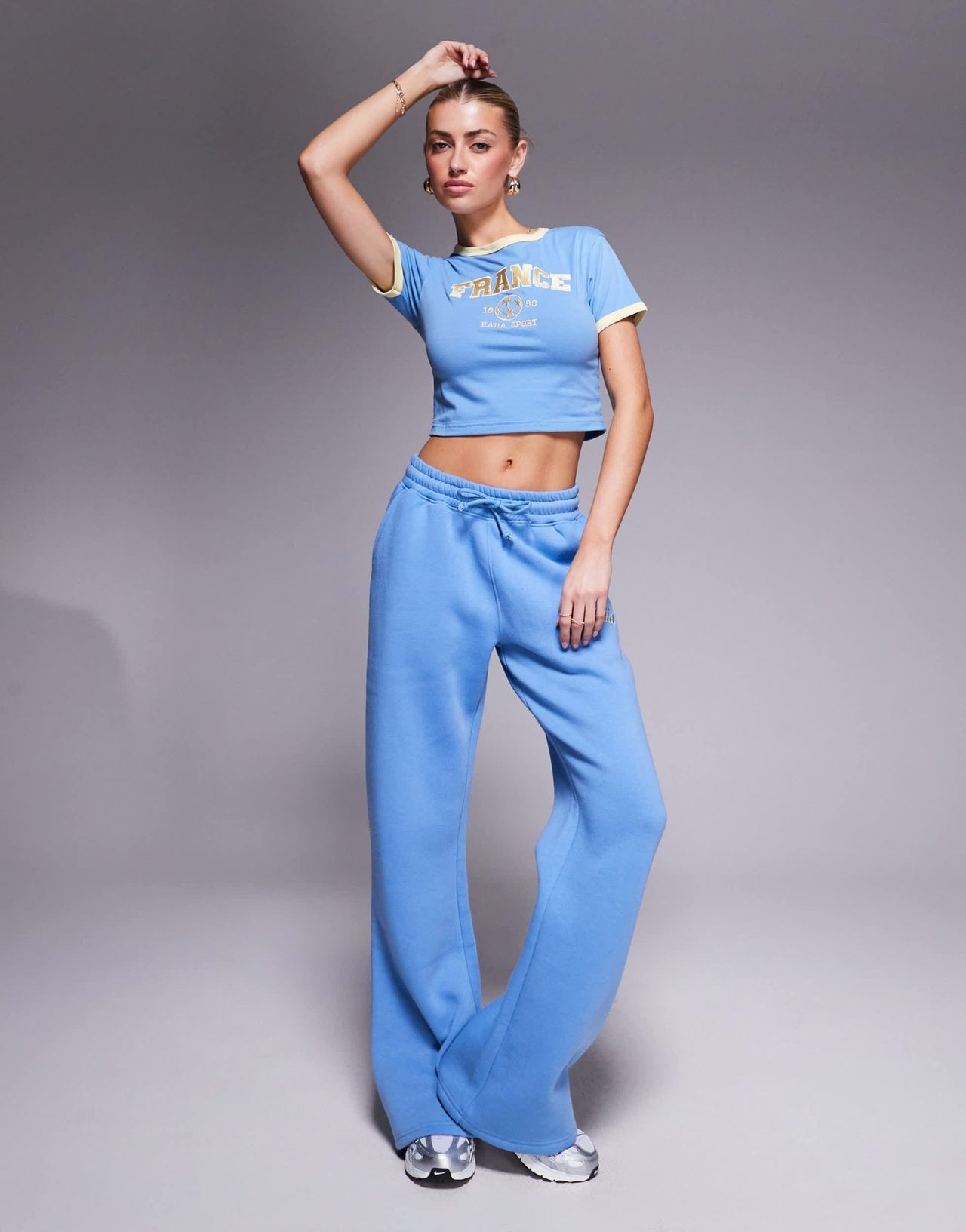 Kaiia cotton rich sport contrast trim France baby tee co - ord in blue and yellow - ASOS Sample Sale EU Store