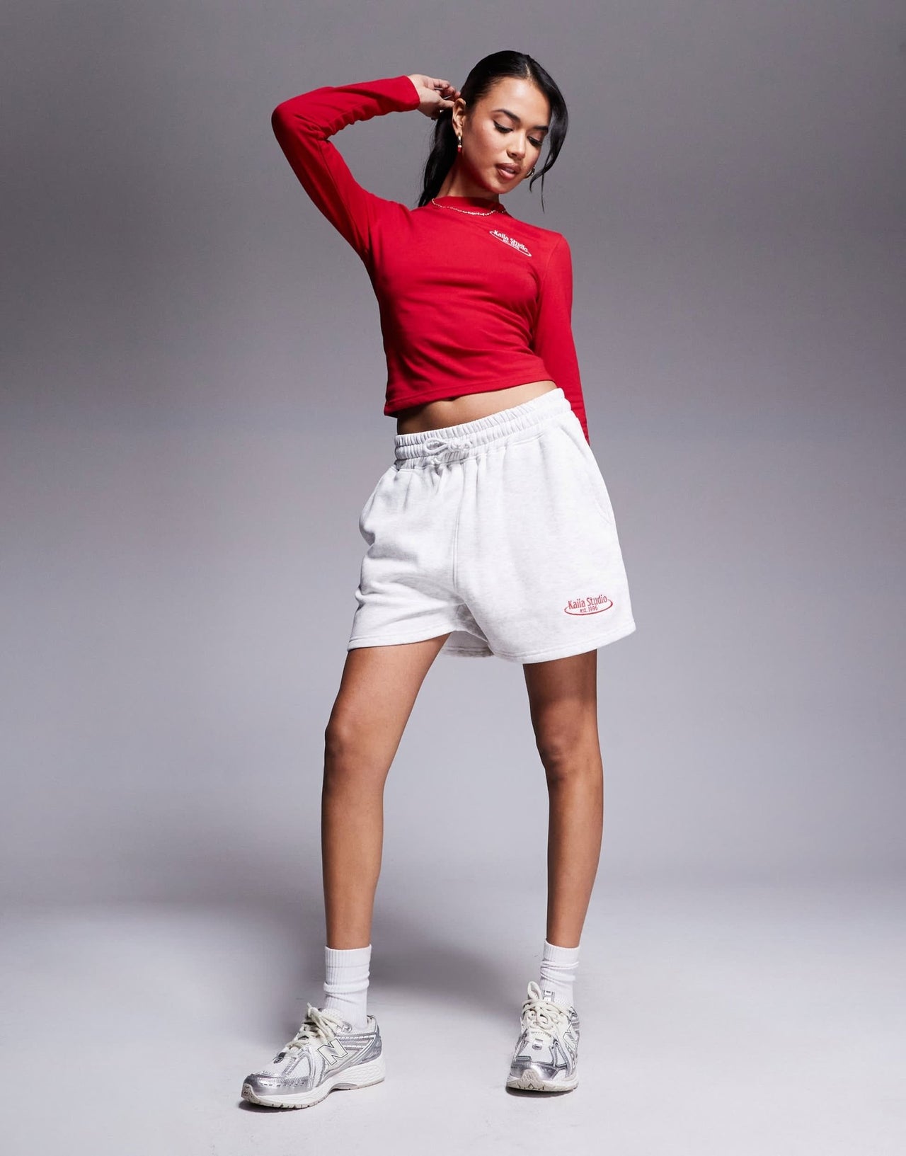 Kaiia cotton rich Studio embroidered logo longsleeve top co - ord in red - ASOS Sample Sale EU Store