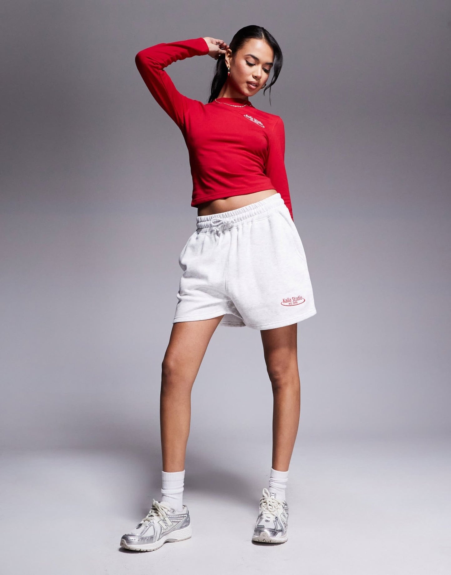 Kaiia cotton rich Studio embroidered logo longsleeve top co - ord in red - ASOS Sample Sale EU Store