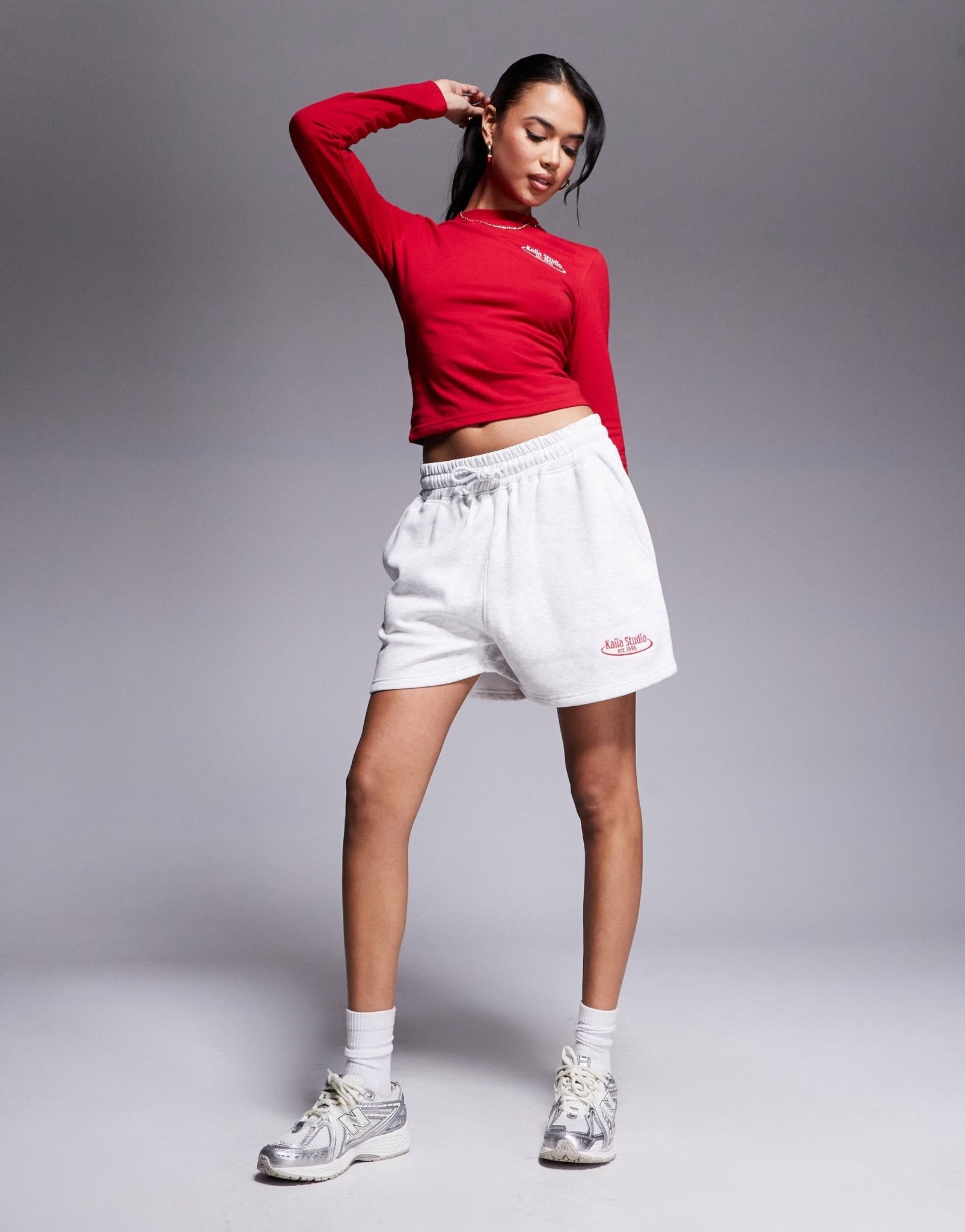 Kaiia cotton rich Studio embroidered logo longsleeve top co - ord in red - ASOS Sample Sale EU Store