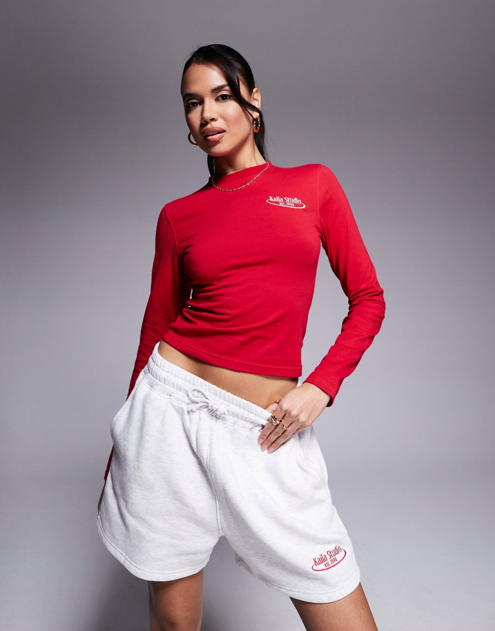 Kaiia cotton rich Studio embroidered logo longsleeve top co - ord in red - ASOS Sample Sale EU Store