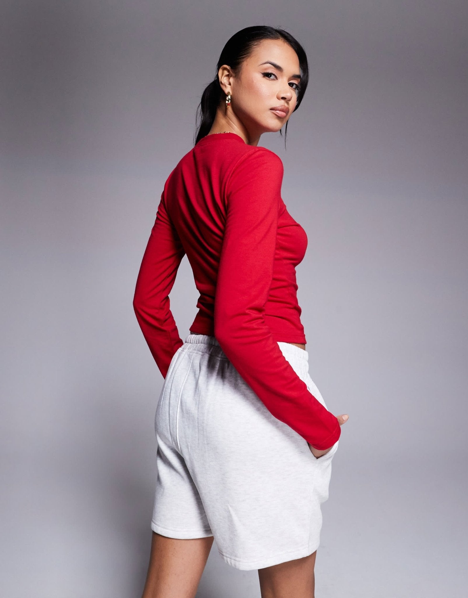 Kaiia cotton rich Studio embroidered logo longsleeve top co - ord in red - ASOS Sample Sale EU Store