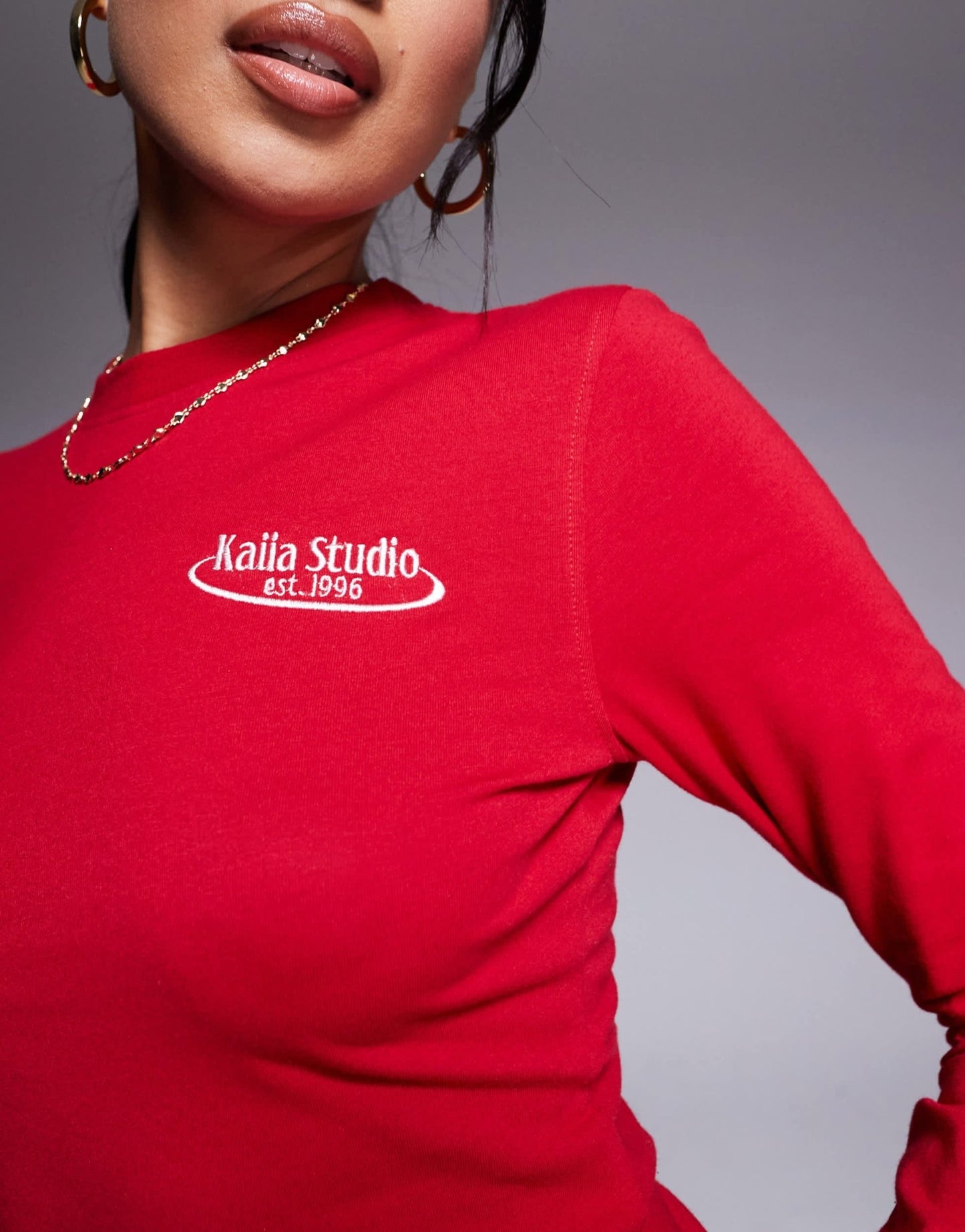 Kaiia cotton rich Studio embroidered logo longsleeve top co - ord in red - ASOS Sample Sale EU Store