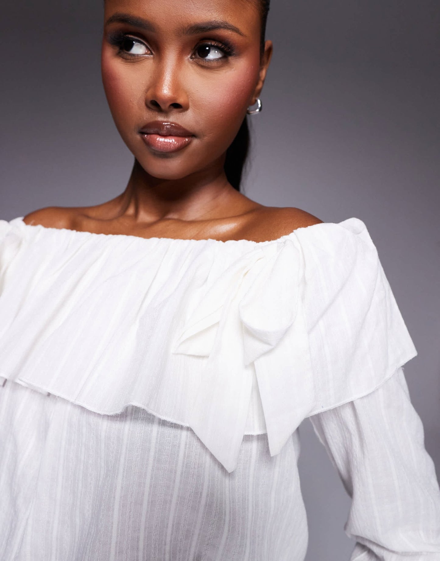 Kaiia exclusive cotton blend bardot ruffle foldover bow detail long sleeve top in textured white stripe - ASOS Sample Sale EU Store