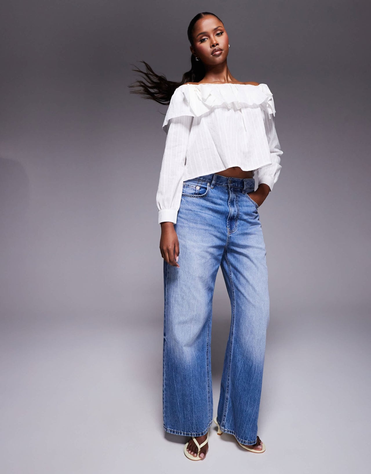 Kaiia exclusive cotton blend bardot ruffle foldover bow detail long sleeve top in textured white stripe - ASOS Sample Sale EU Store