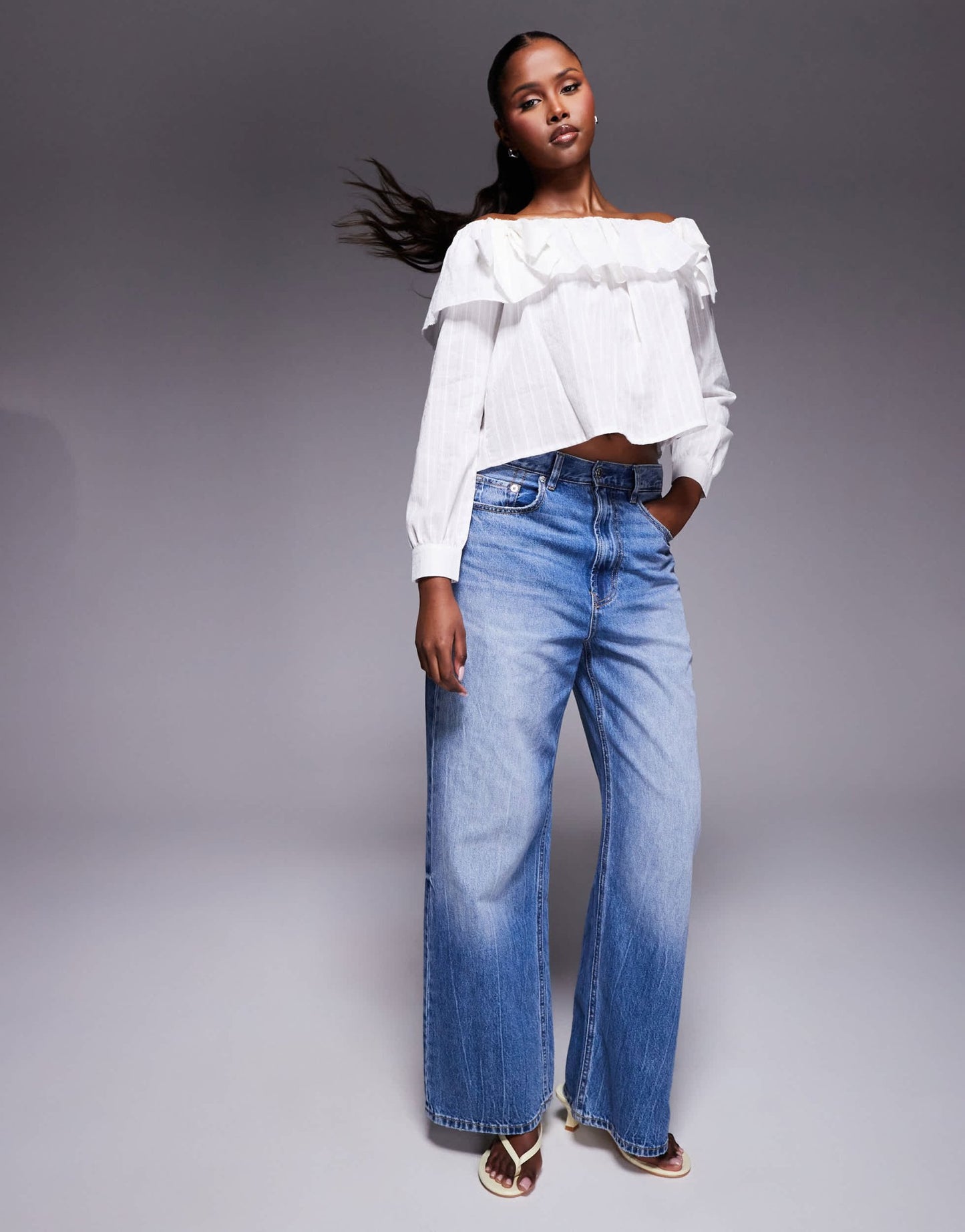 Kaiia exclusive cotton blend bardot ruffle foldover bow detail long sleeve top in textured white stripe - ASOS Sample Sale EU Store