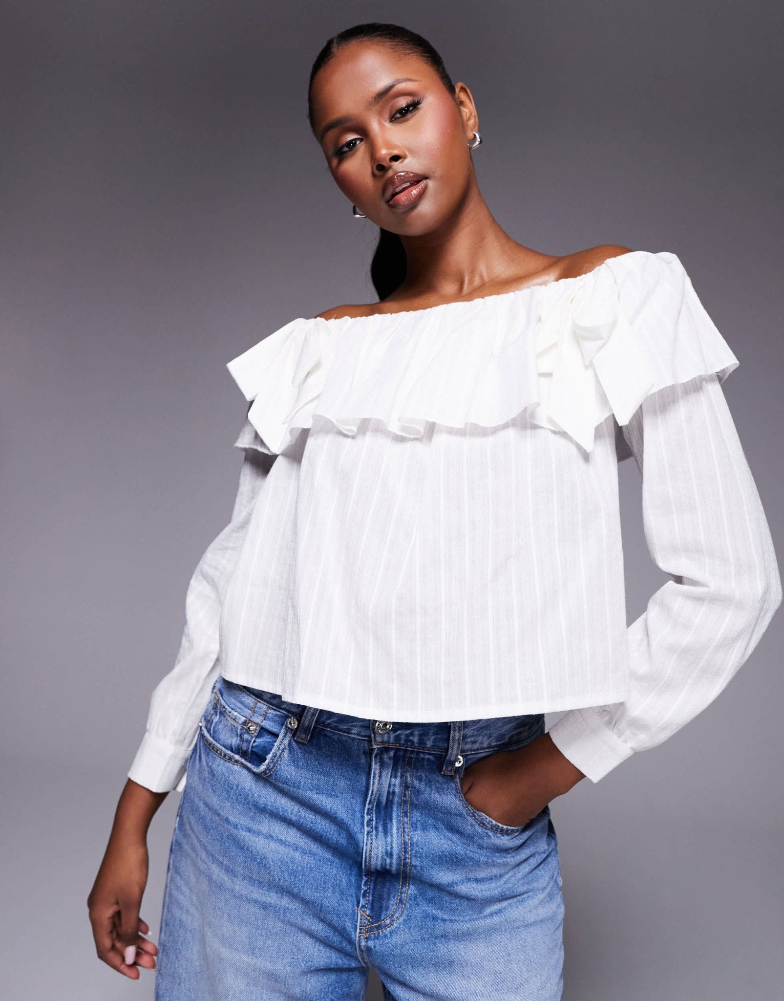 Kaiia exclusive cotton blend bardot ruffle foldover bow detail long sleeve top in textured white stripe - ASOS Sample Sale EU Store