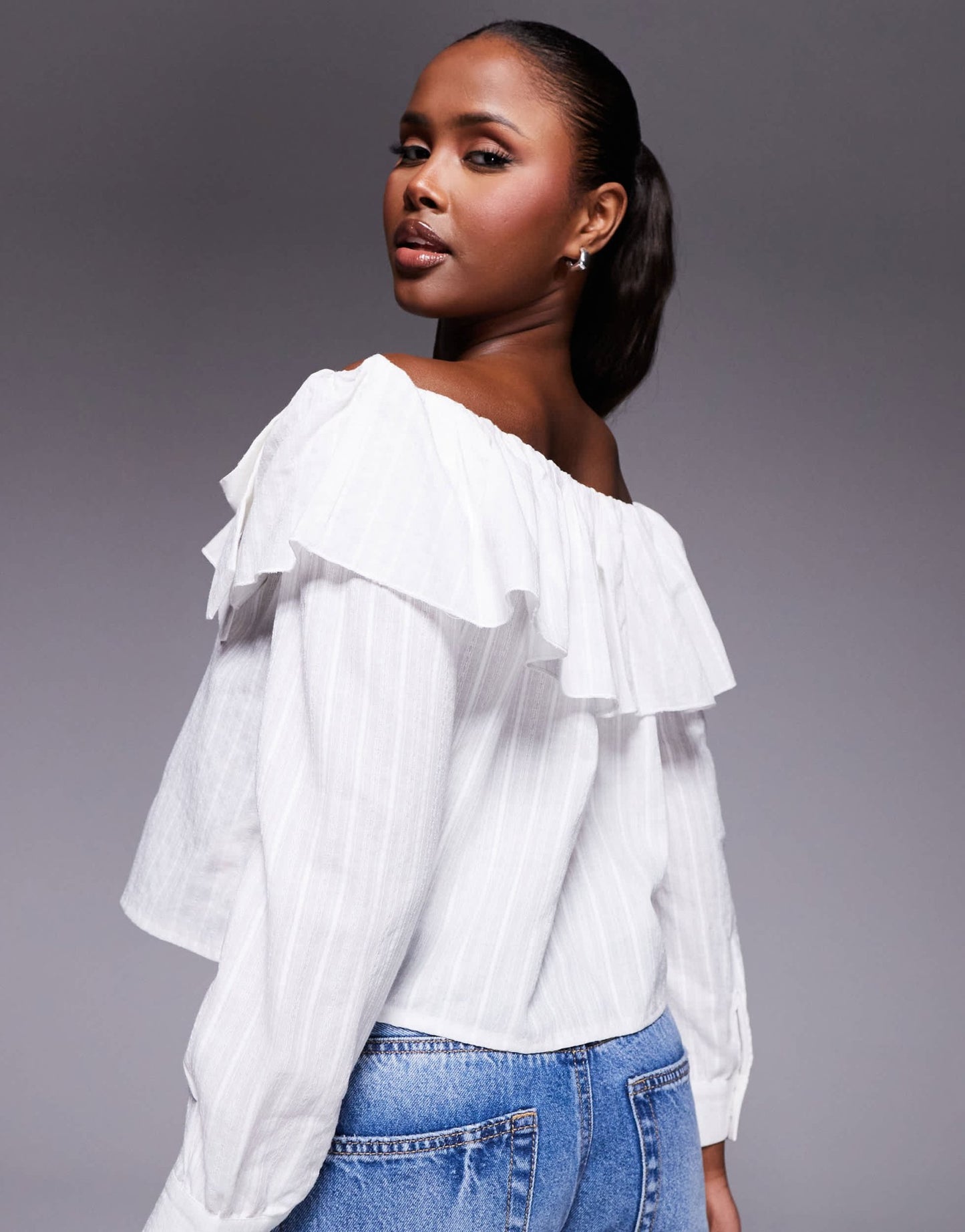Kaiia exclusive cotton blend bardot ruffle foldover bow detail long sleeve top in textured white stripe - ASOS Sample Sale EU Store