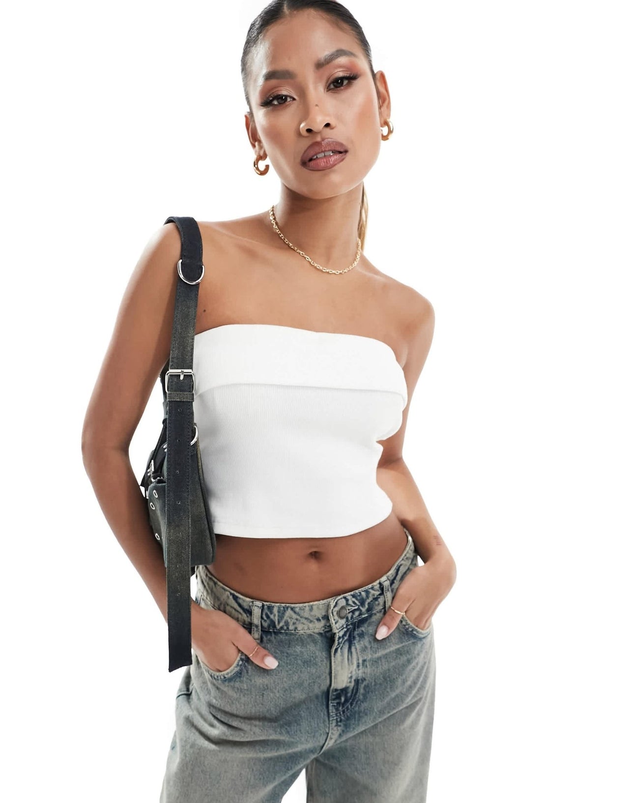 Kaiia exclusive cotton rich ribbed fold over bandeau top in white - ASOS Sample Sale EU Store