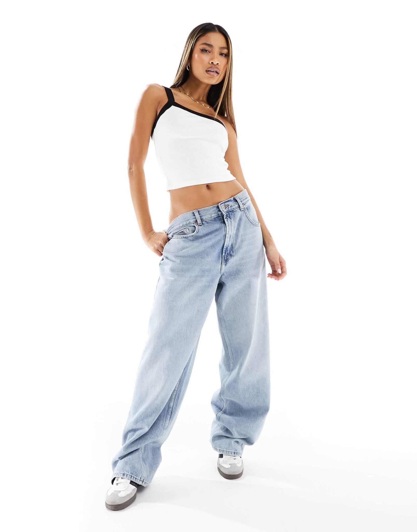 Kaiia exclusive cotton rich ribbed one shoulder contrast trim top in white and black - ASOS Sample Sale EU Store
