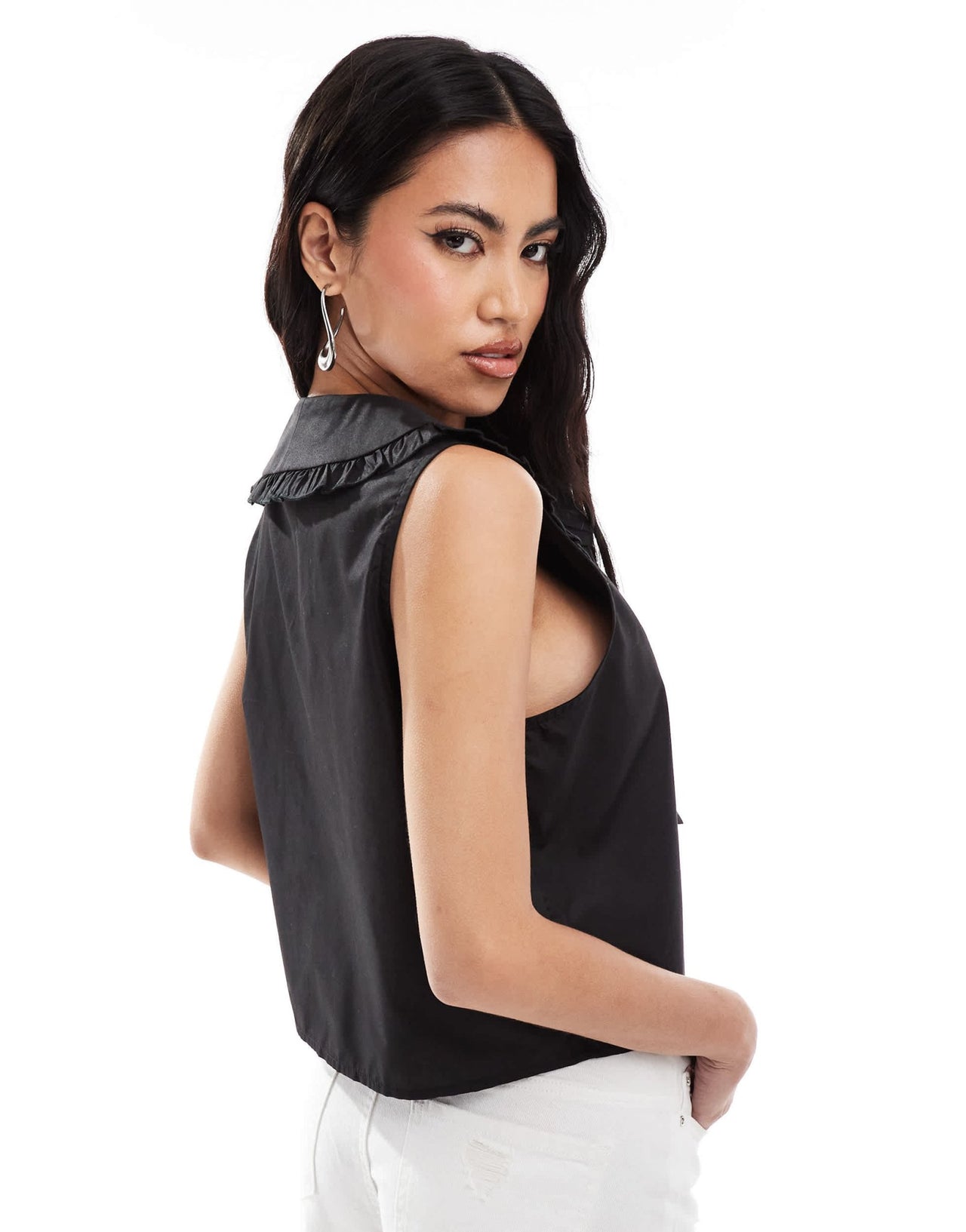 Kaiia exclusive cotton rich sleeveless frill collar detail tie front top in black - ASOS Sample Sale EU Store
