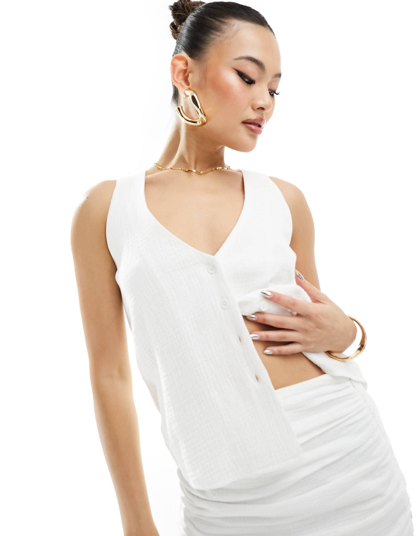 Kaiia exclusive cotton rich textured button down sleeveless top co - ord in white - ASOS Sample Sale EU Store