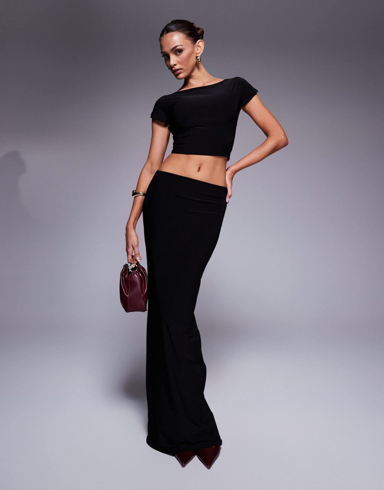 Kaiia exclusive double layered slinky boatneck low back crop top co - ord in black - ASOS Sample Sale EU Store