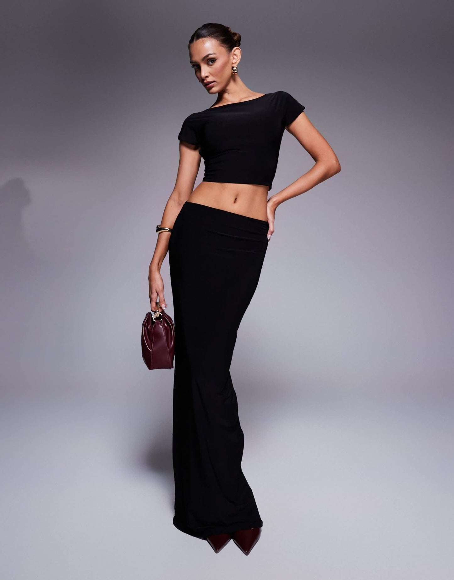 Kaiia exclusive double layered slinky boatneck low back crop top co - ord in black - ASOS Sample Sale EU Store