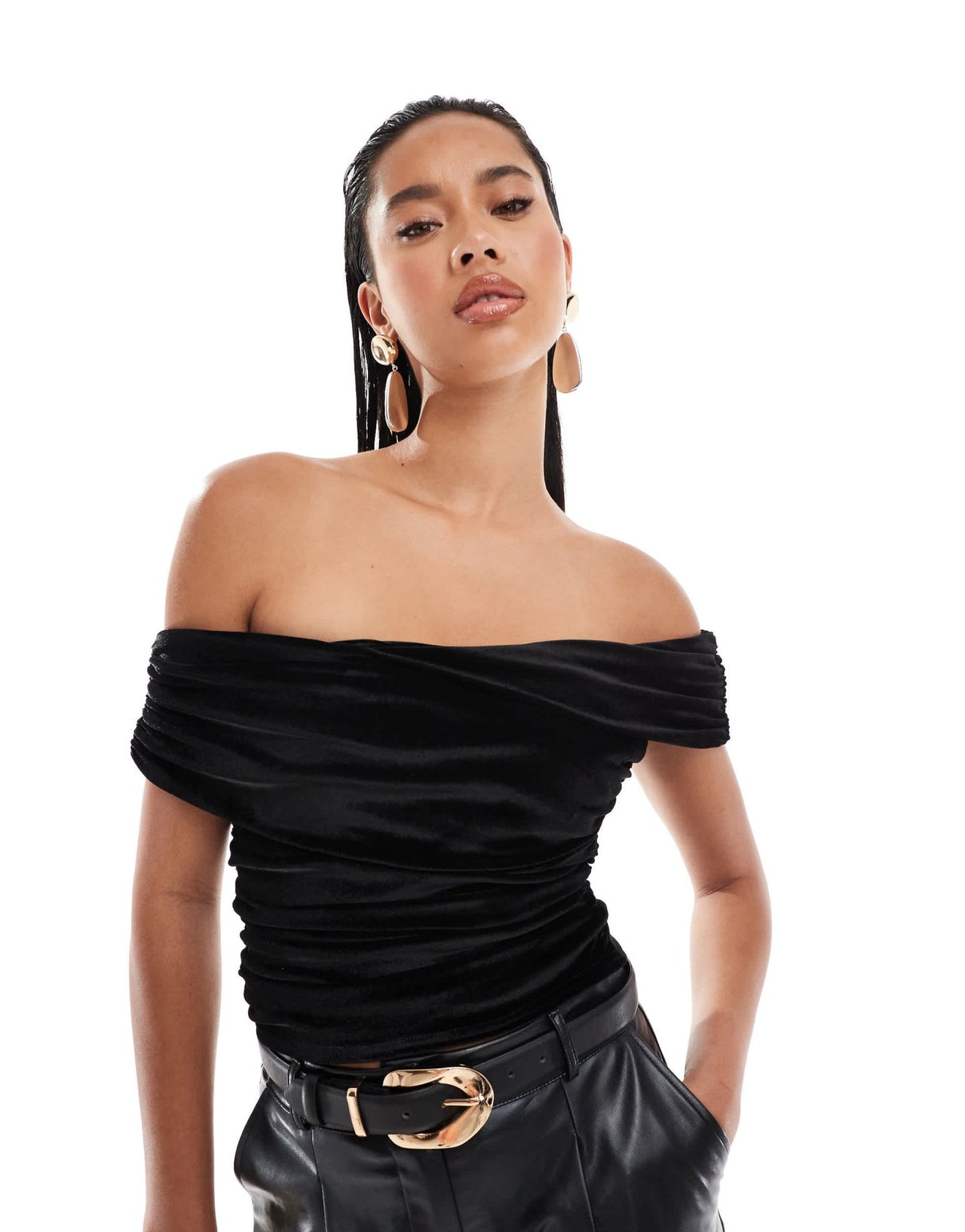 Kaiia exclusive double layered slinky drape off shoulder top in black - ASOS Sample Sale EU Store