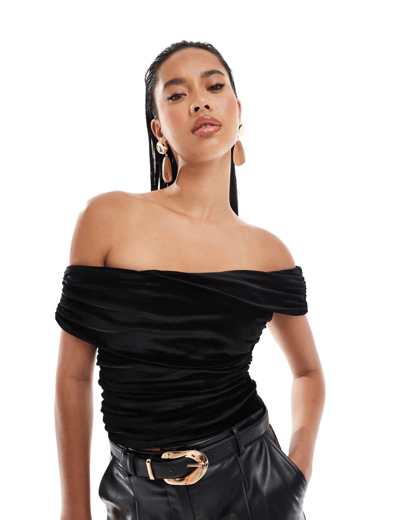 Kaiia exclusive double layered slinky drape off shoulder top in black - ASOS Sample Sale EU Store
