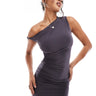 Kaiia exclusive double layered slinky twist off shoulder bodycon mini dress in charcoal