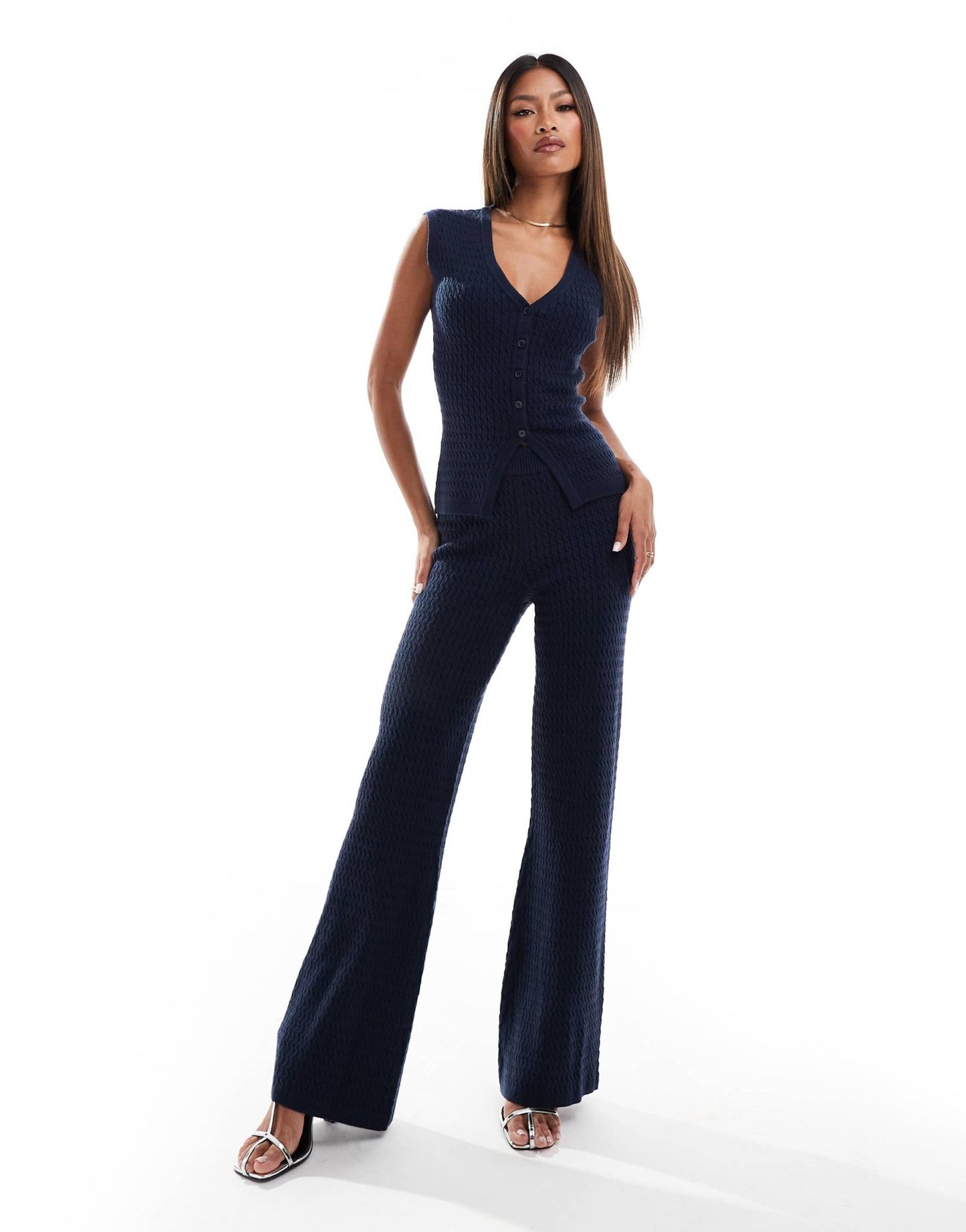 Kaiia exclusive fine cable knit wide leg trousers co - ord in navy - ASOS Sample Sale EU Store