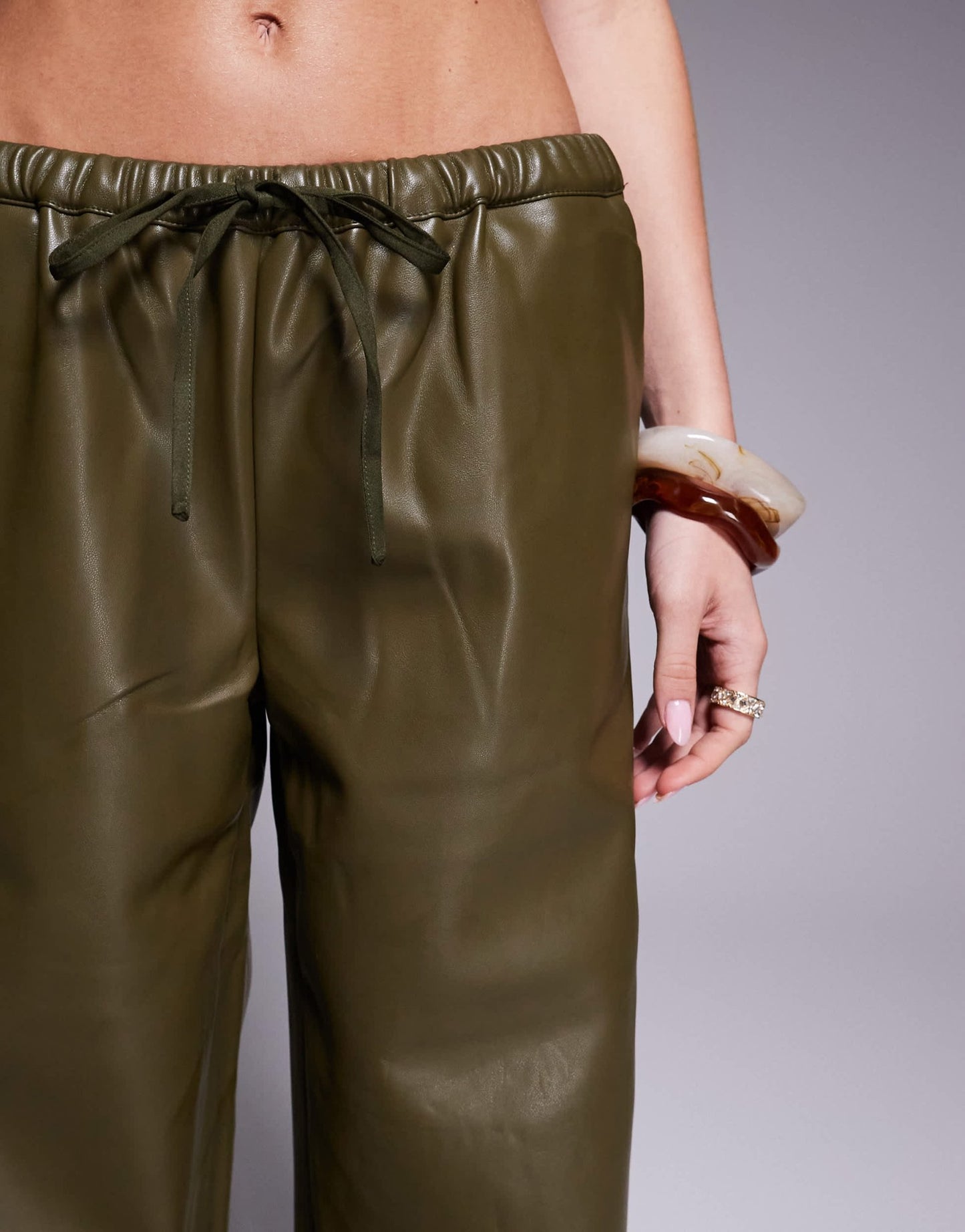 Kaiia exclusive leather look wide leg drawstring trousers co - ord in green - ASOS Sample Sale EU Store