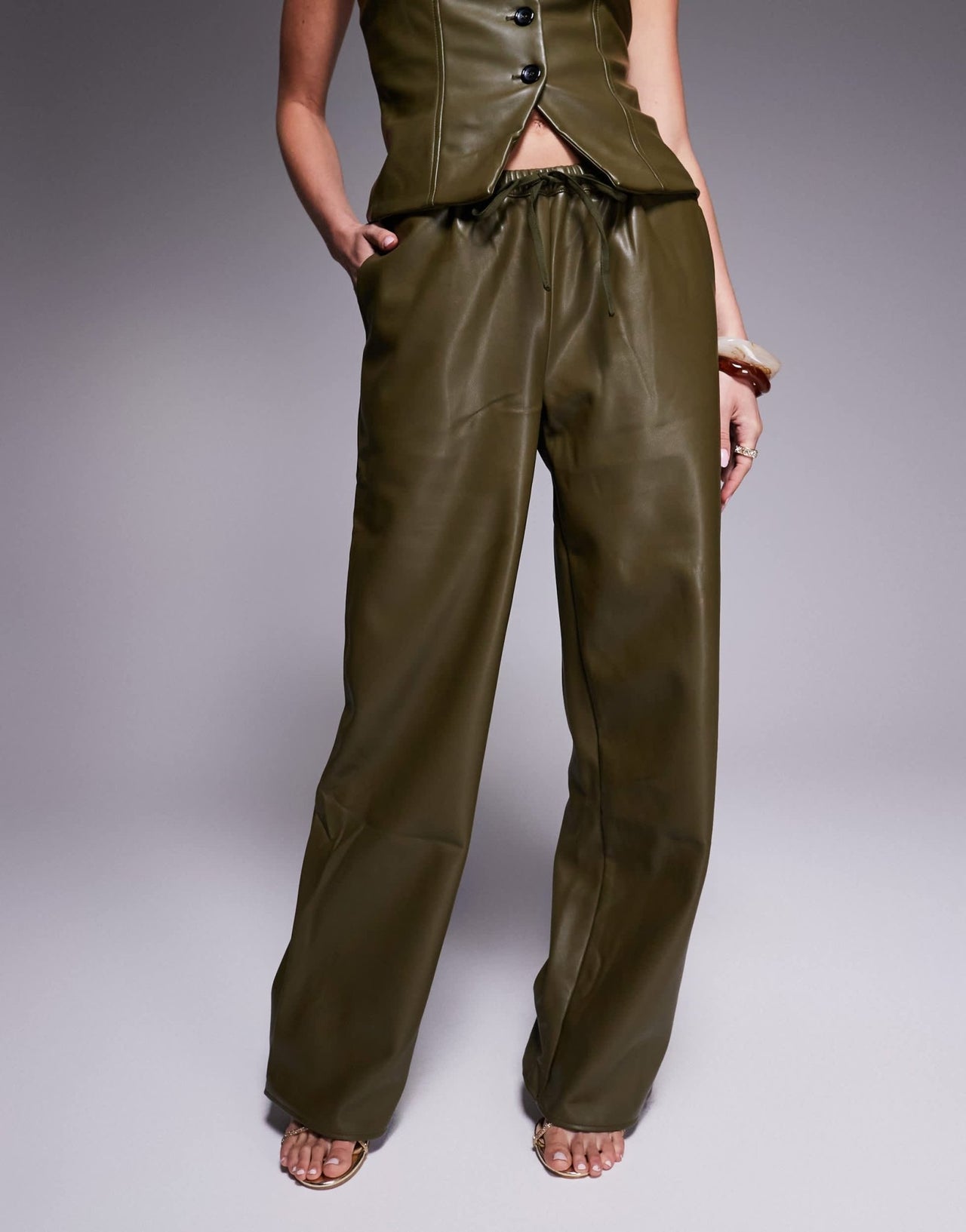 Kaiia exclusive leather look wide leg drawstring trousers co - ord in green - ASOS Sample Sale EU Store