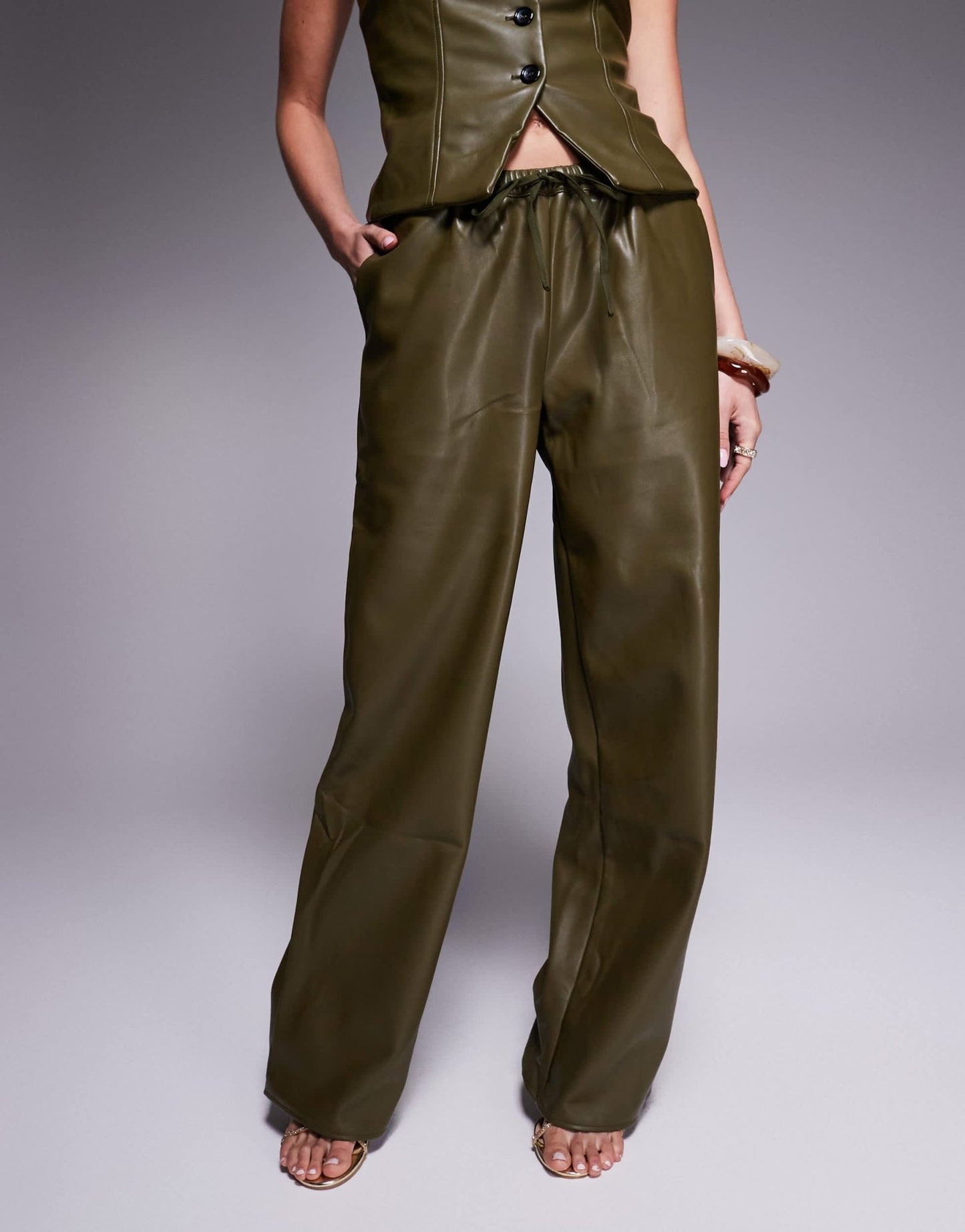 Kaiia exclusive leather look wide leg drawstring trousers co - ord in green - ASOS Sample Sale EU Store