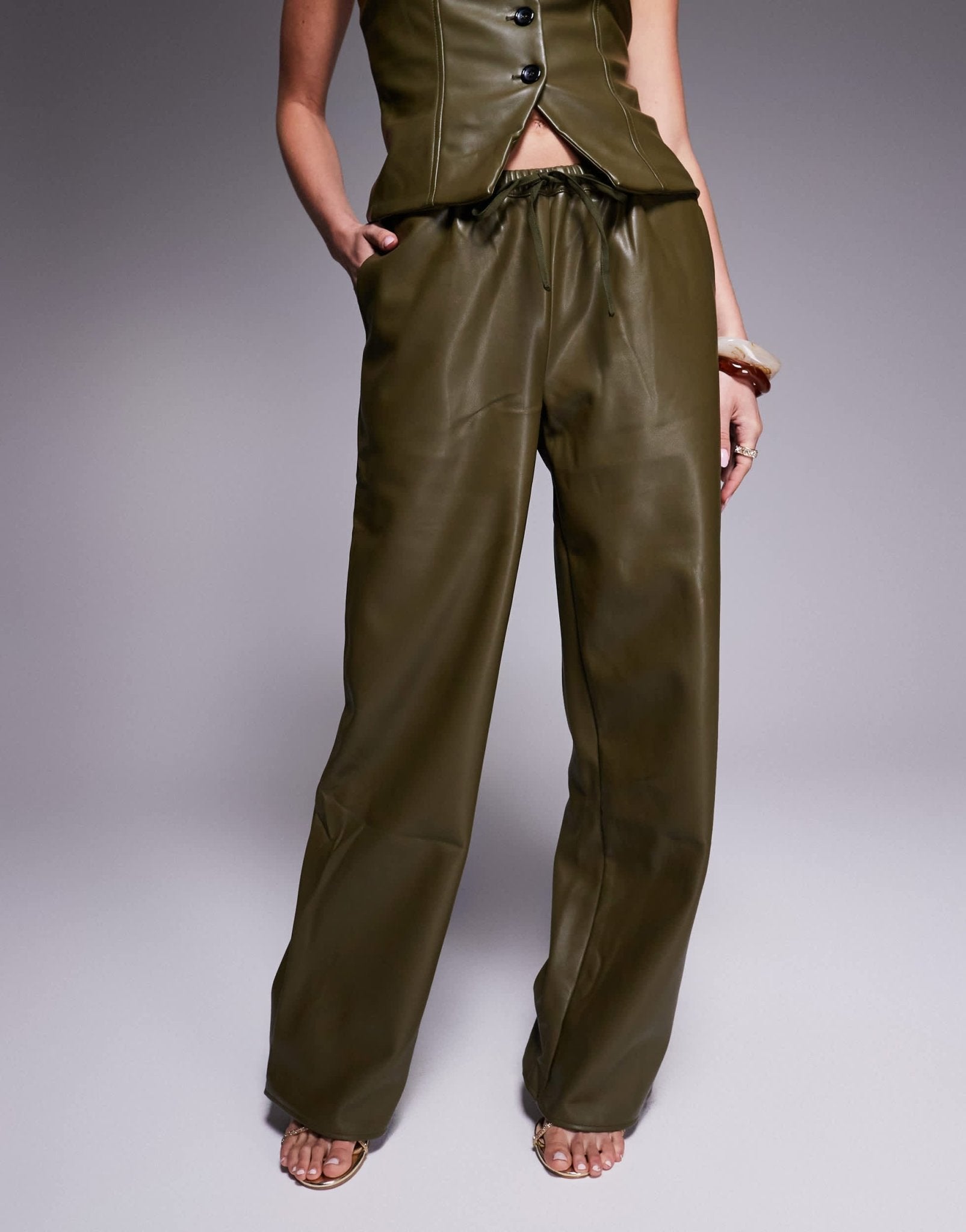 Kaiia exclusive leather look wide leg drawstring trousers co - ord in green - ASOS Sample Sale EU Store
