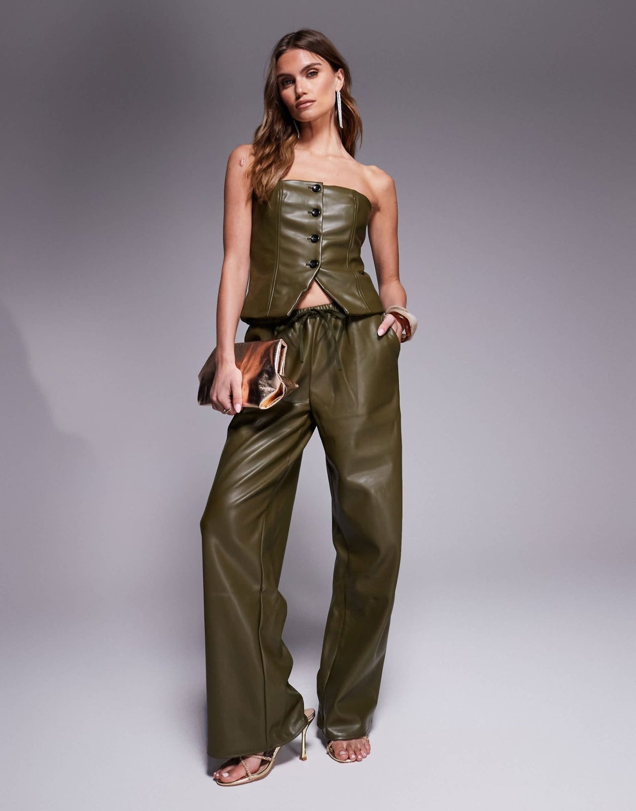 Kaiia exclusive leather look wide leg drawstring trousers co - ord in green - ASOS Sample Sale EU Store