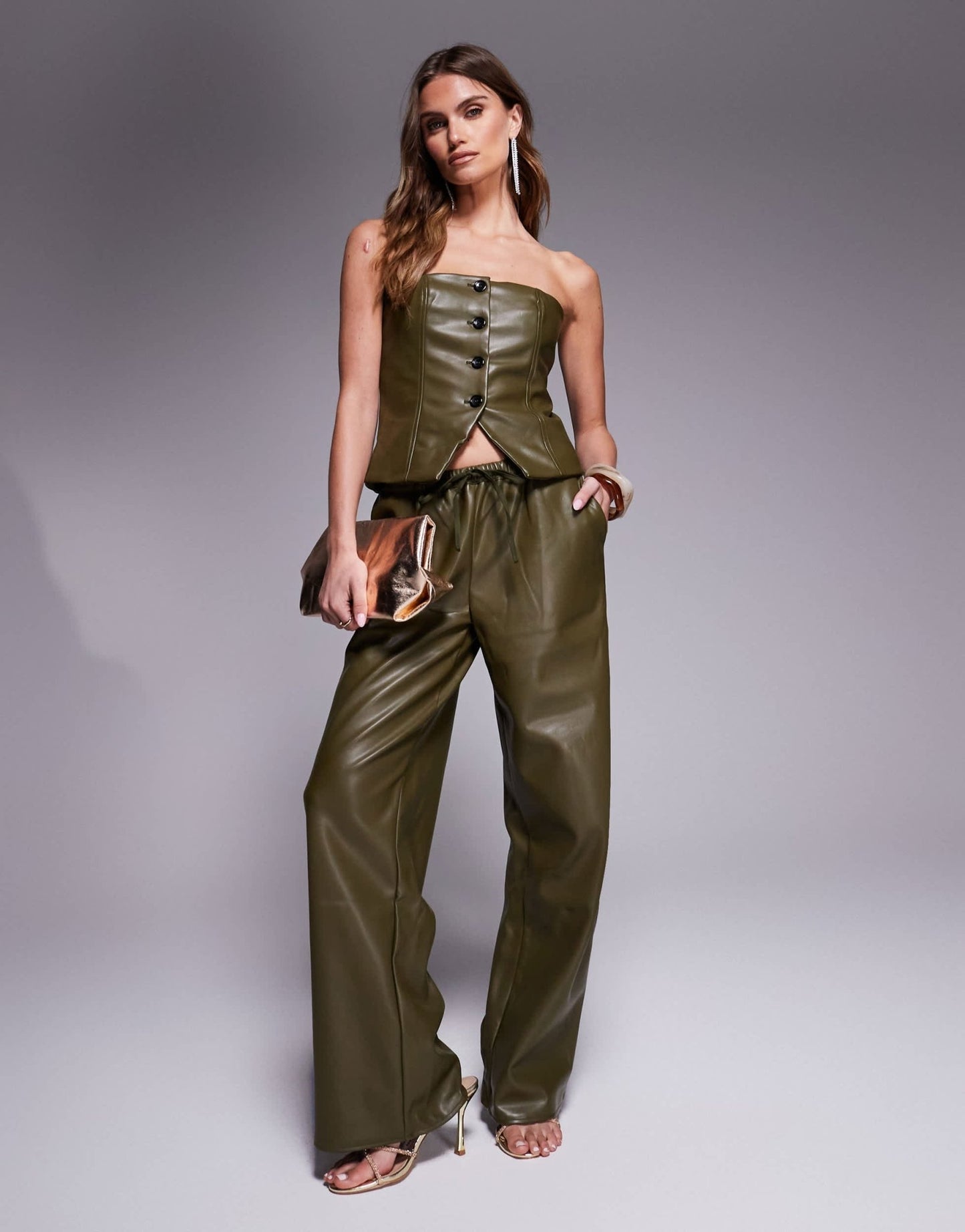 Kaiia exclusive leather look wide leg drawstring trousers co - ord in green - ASOS Sample Sale EU Store