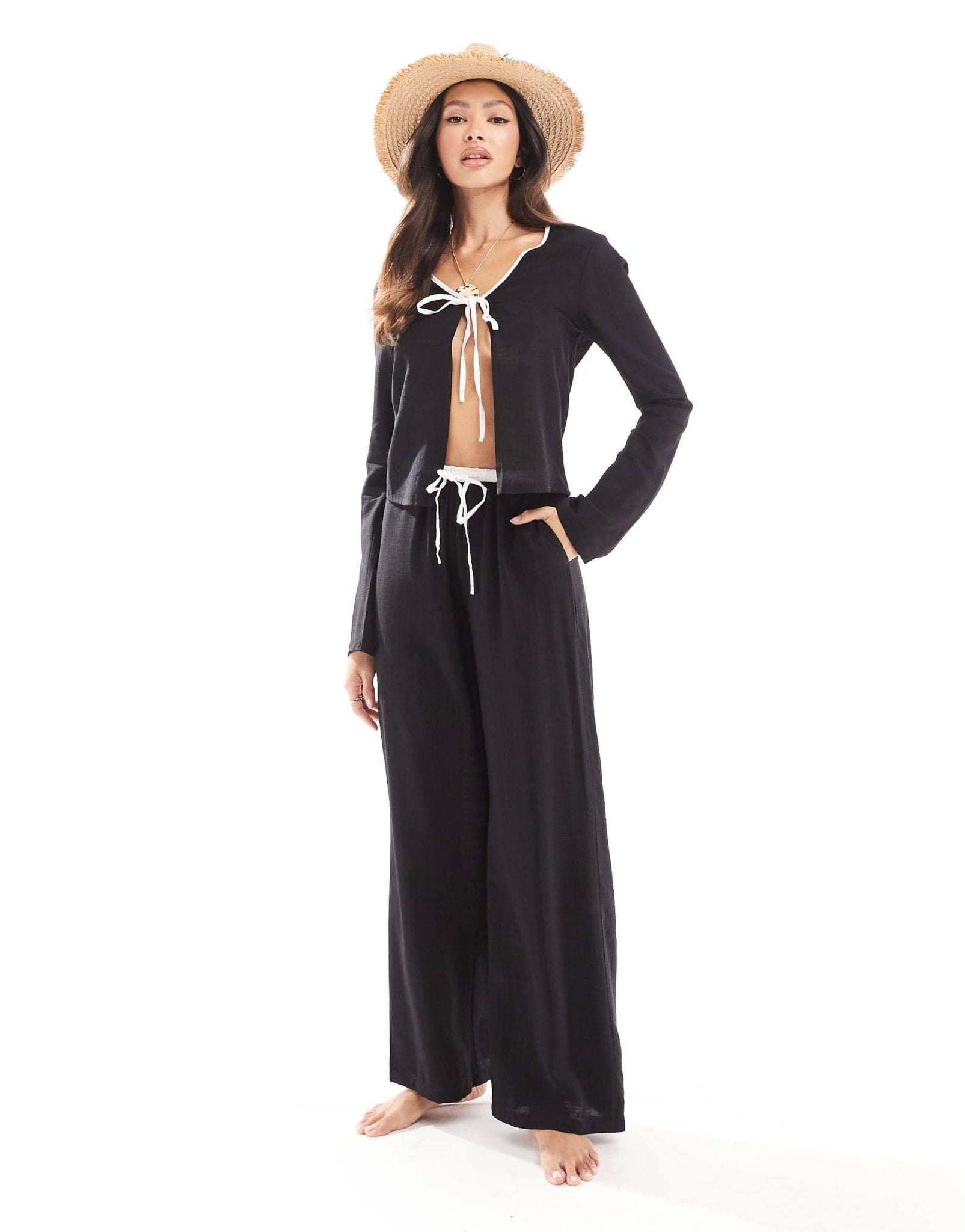 Kaiia exclusive linen contrast trim wide leg drawstring beach trousers co - ord in black - ASOS Sample Sale EU Store