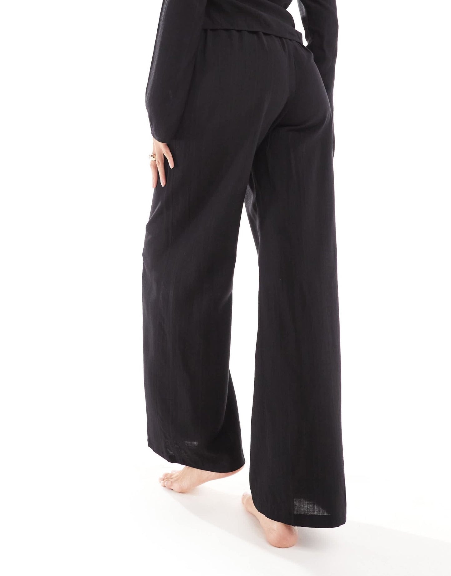 Kaiia exclusive linen contrast trim wide leg drawstring beach trousers co - ord in black - ASOS Sample Sale EU Store