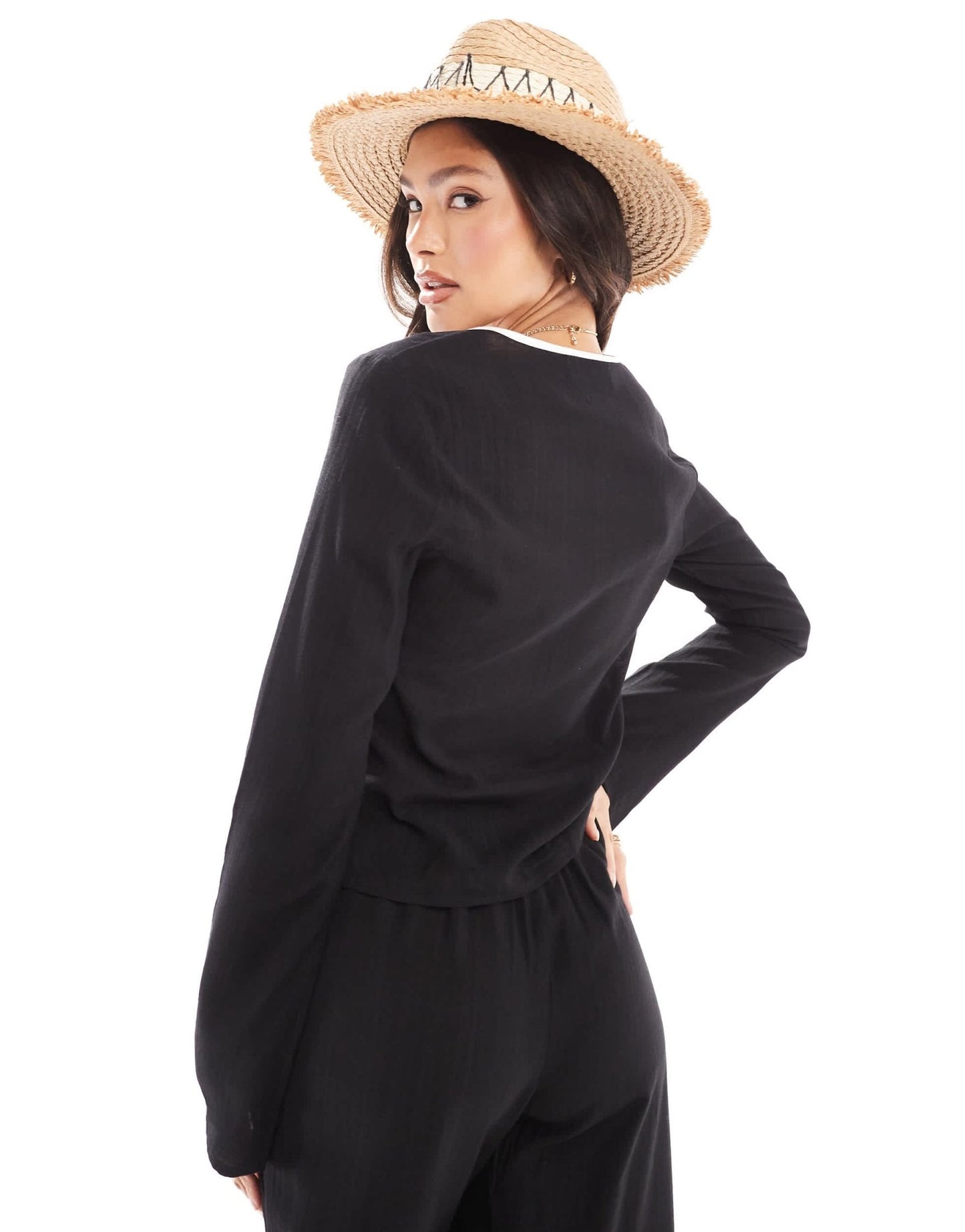 Kaiia exclusive linen tie front contrast trim beach shirt in black - ASOS Sample Sale EU Store