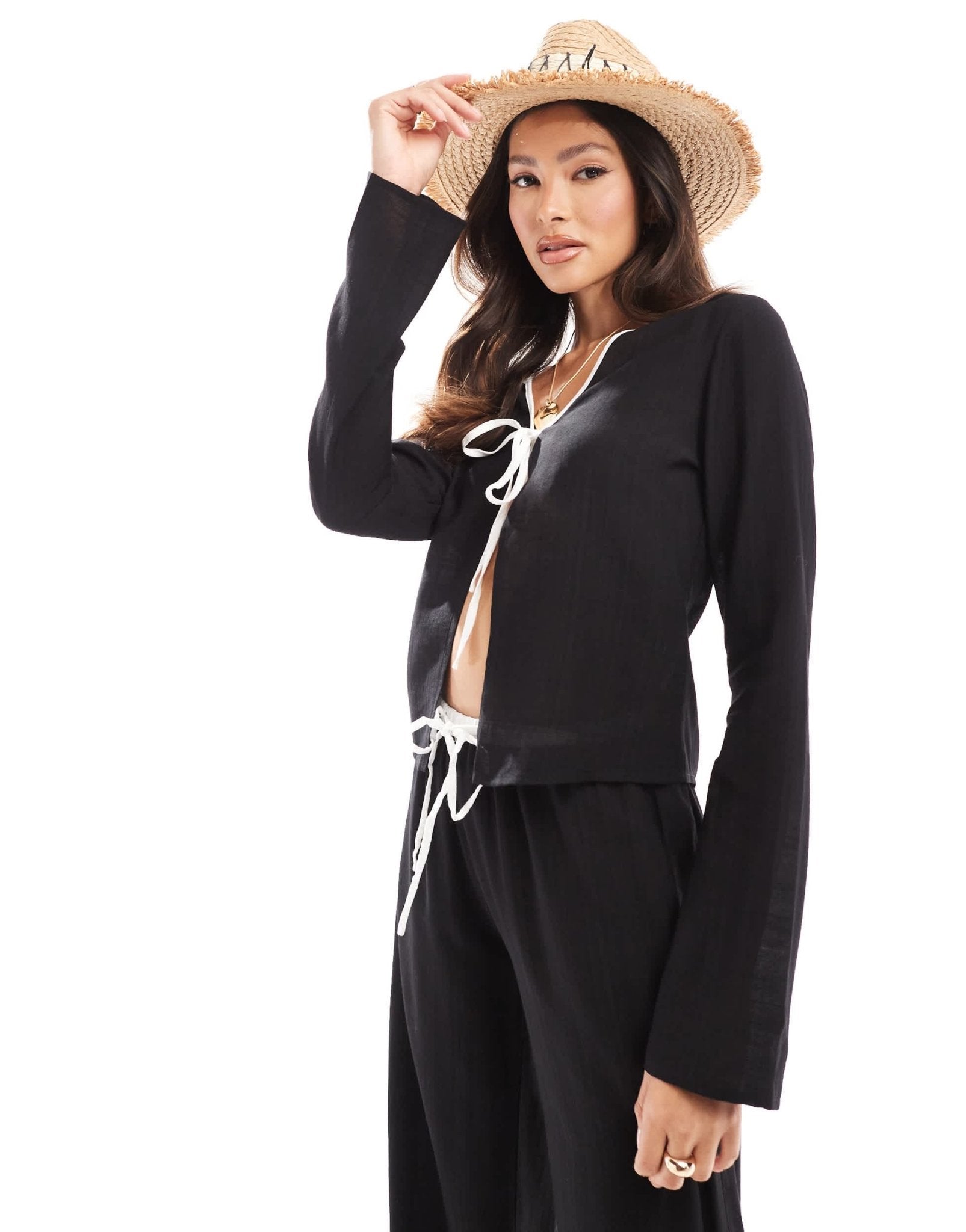 Kaiia exclusive linen tie front contrast trim beach shirt in black - ASOS Sample Sale EU Store