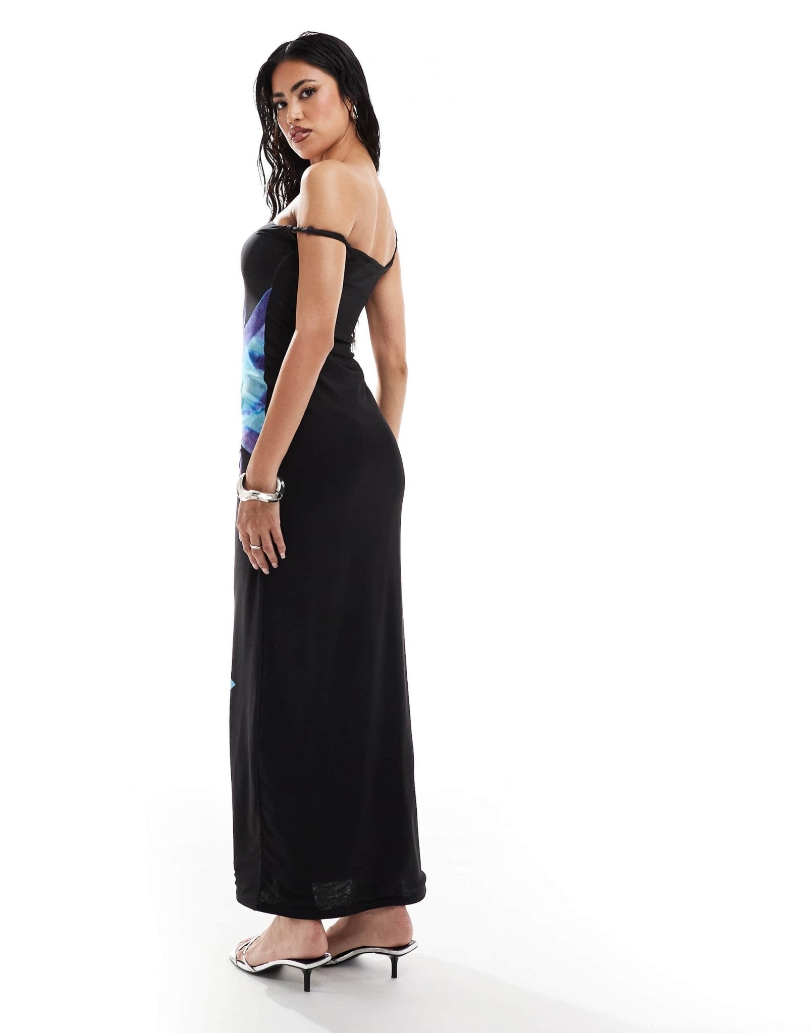 Kaiia exclusive mesh off shoulder maxi dress in black and blue flower print - ASOS Sample Sale EU Store
