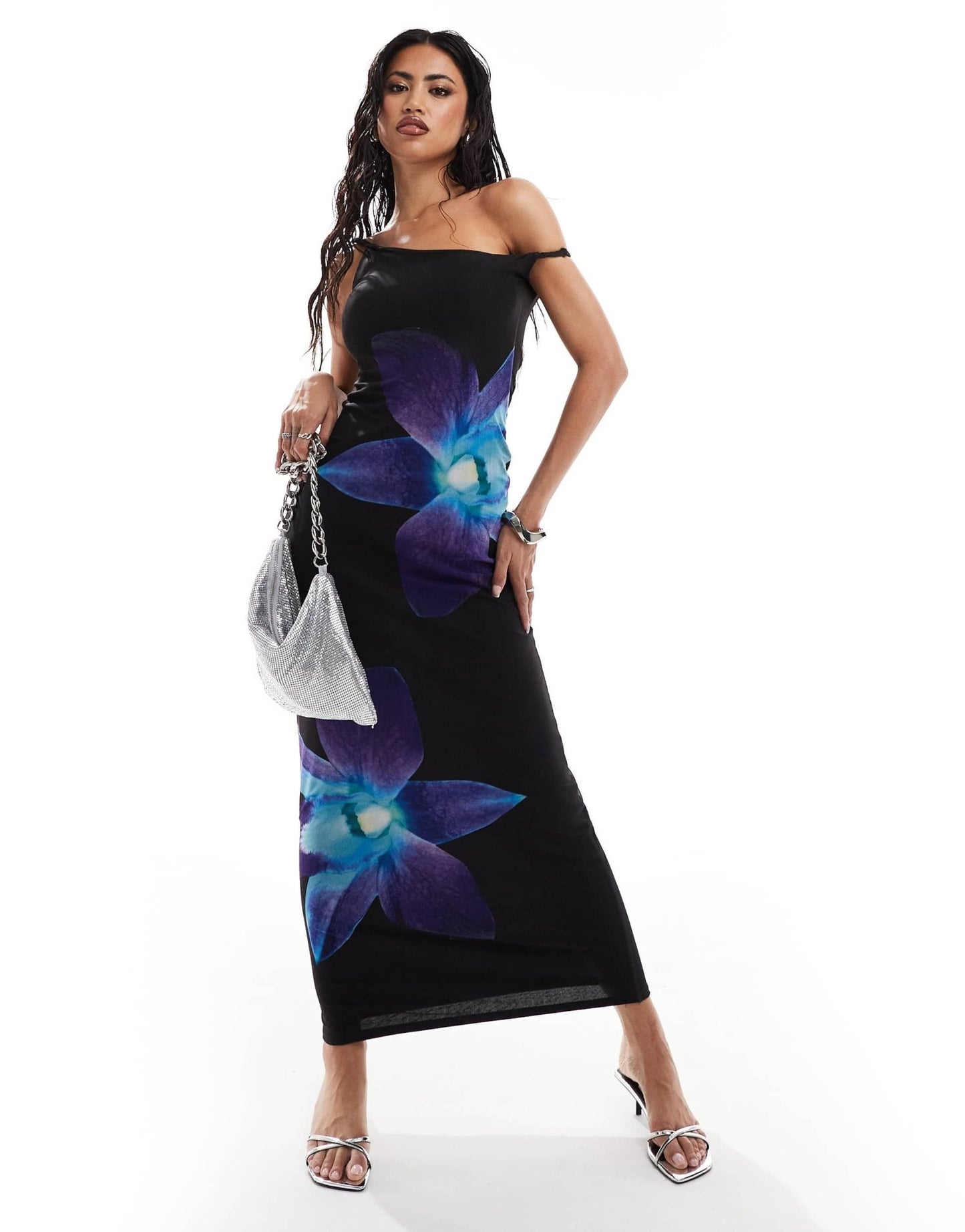 Kaiia exclusive mesh off shoulder maxi dress in black and blue flower print - ASOS Sample Sale EU Store