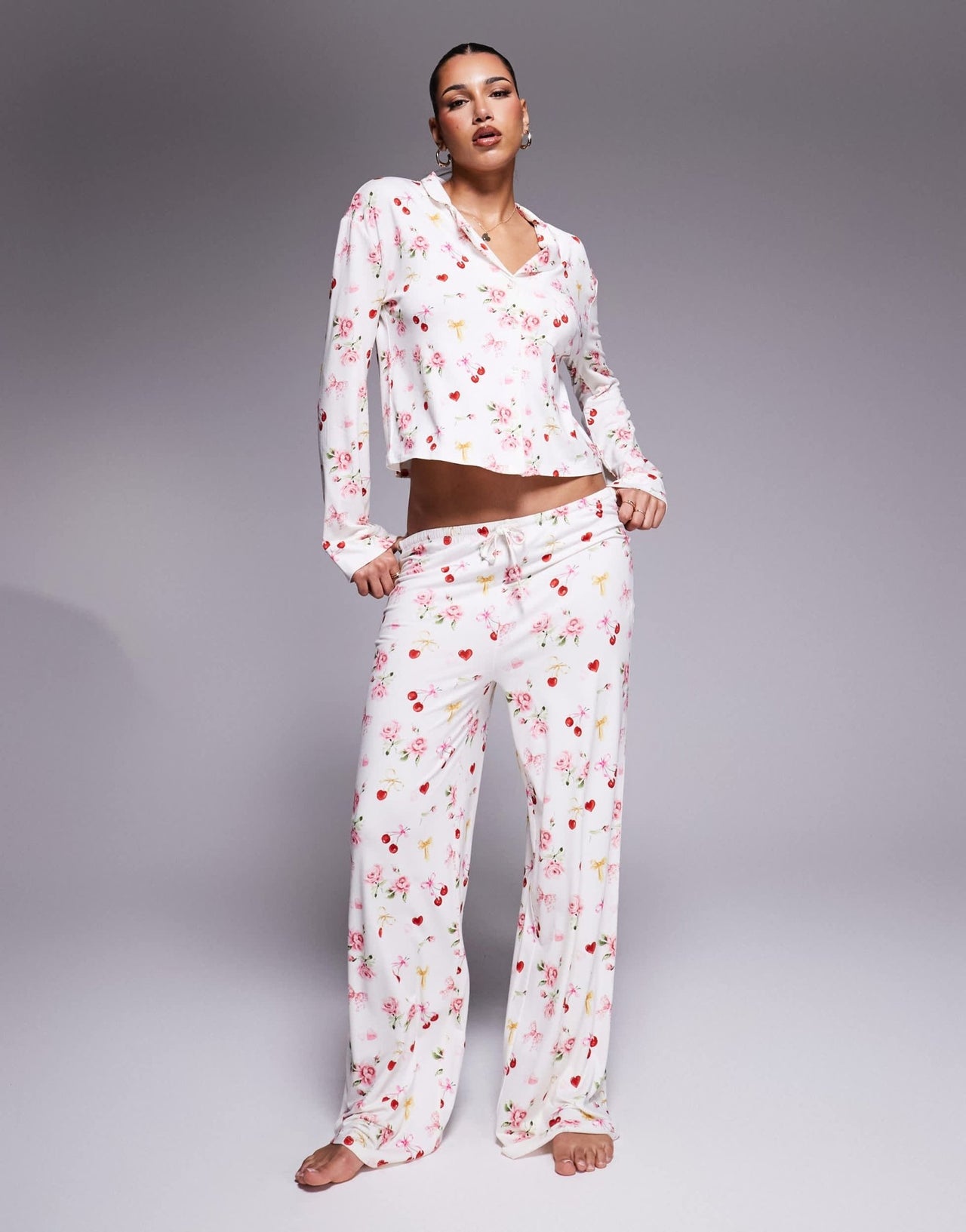 Kaiia exclusive mix & match pyjama shirt co - ord in cherry rose bow print - ASOS Sample Sale EU Store