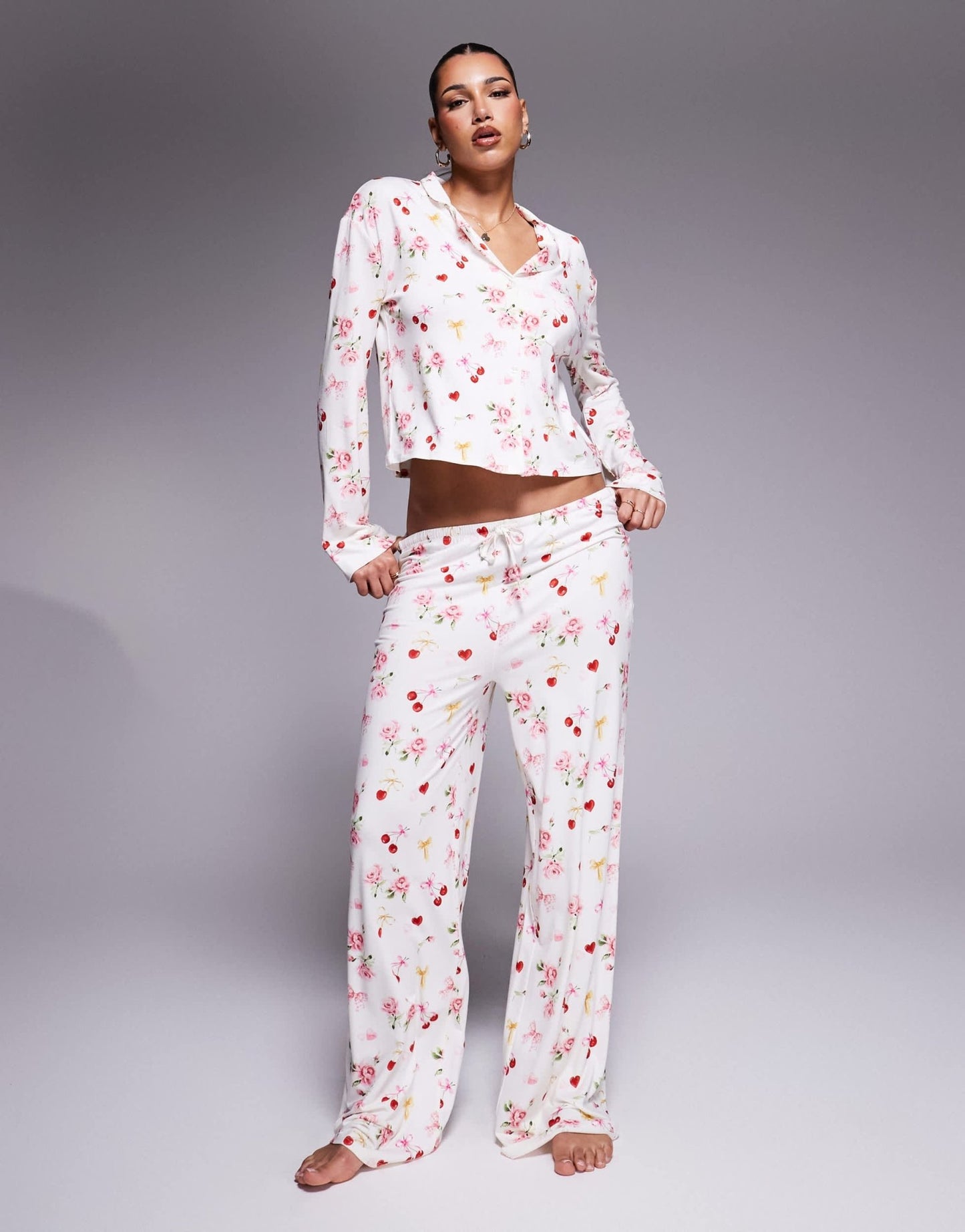 Kaiia exclusive mix & match pyjama shirt co - ord in cherry rose bow print - ASOS Sample Sale EU Store