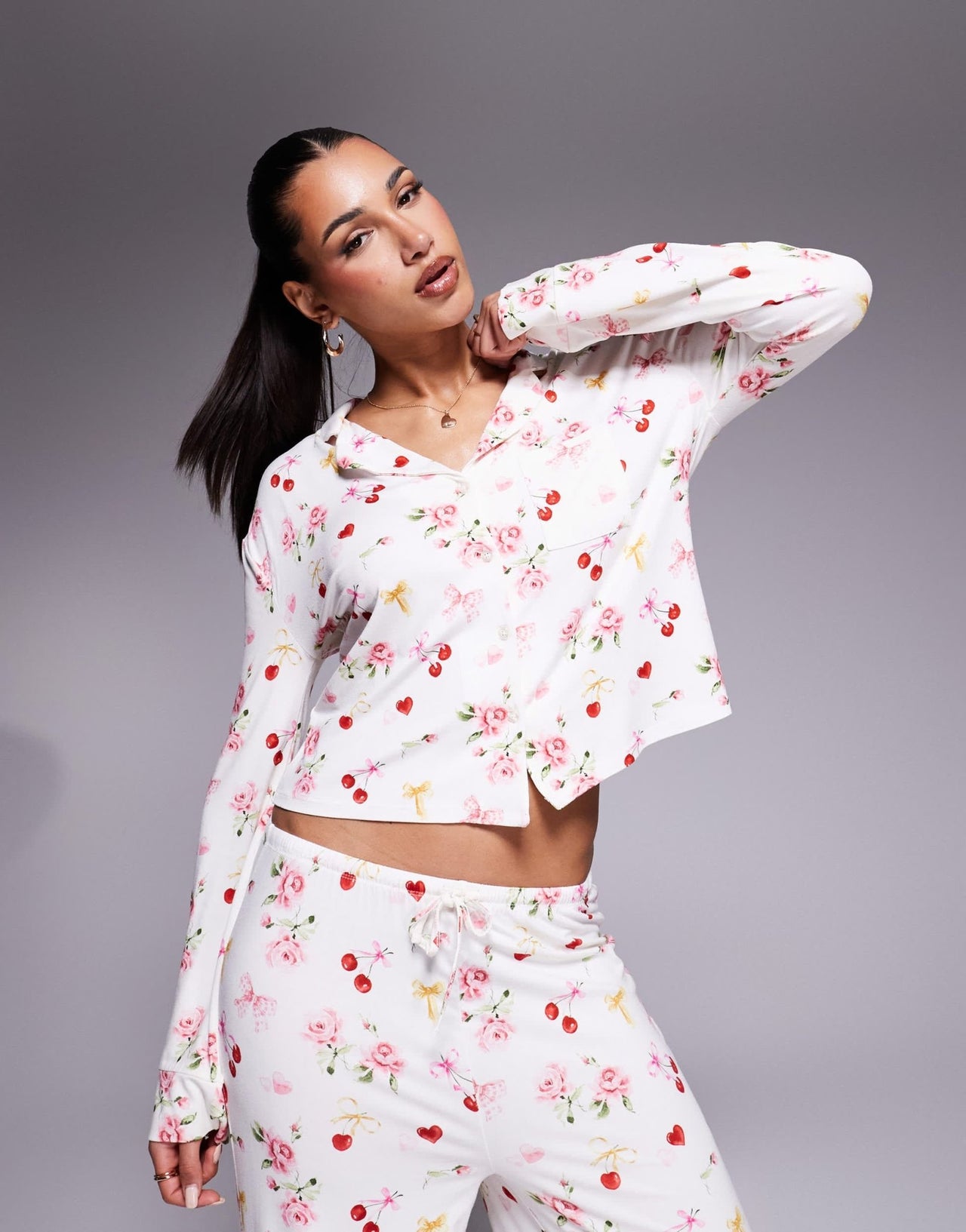 Kaiia exclusive mix & match pyjama shirt co - ord in cherry rose bow print - ASOS Sample Sale EU Store