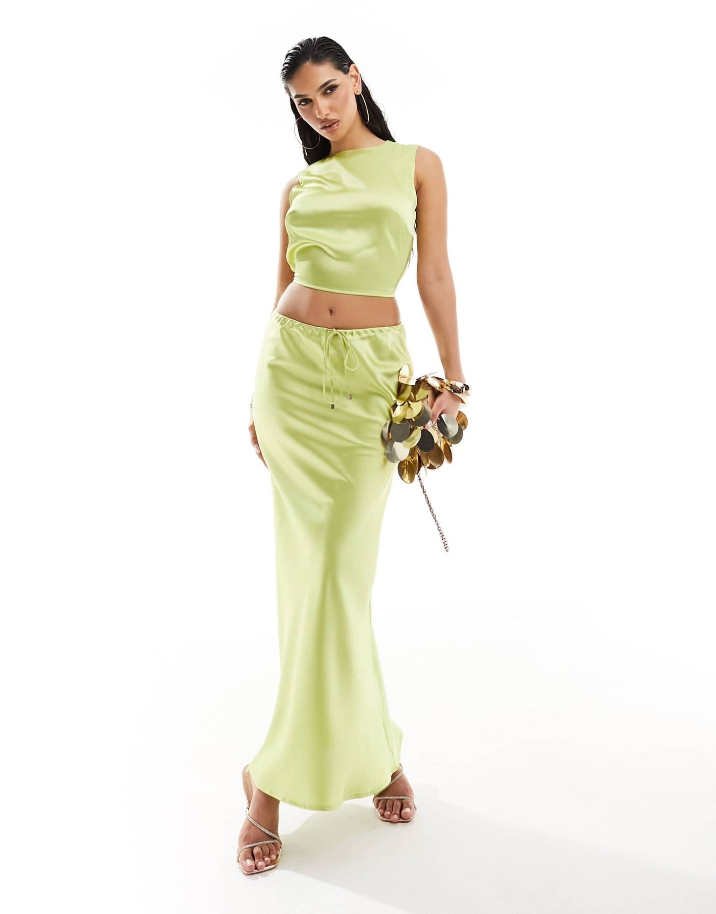 Kaiia exclusive satin high neck open tie back top co - ord in lime - ASOS Sample Sale EU Store