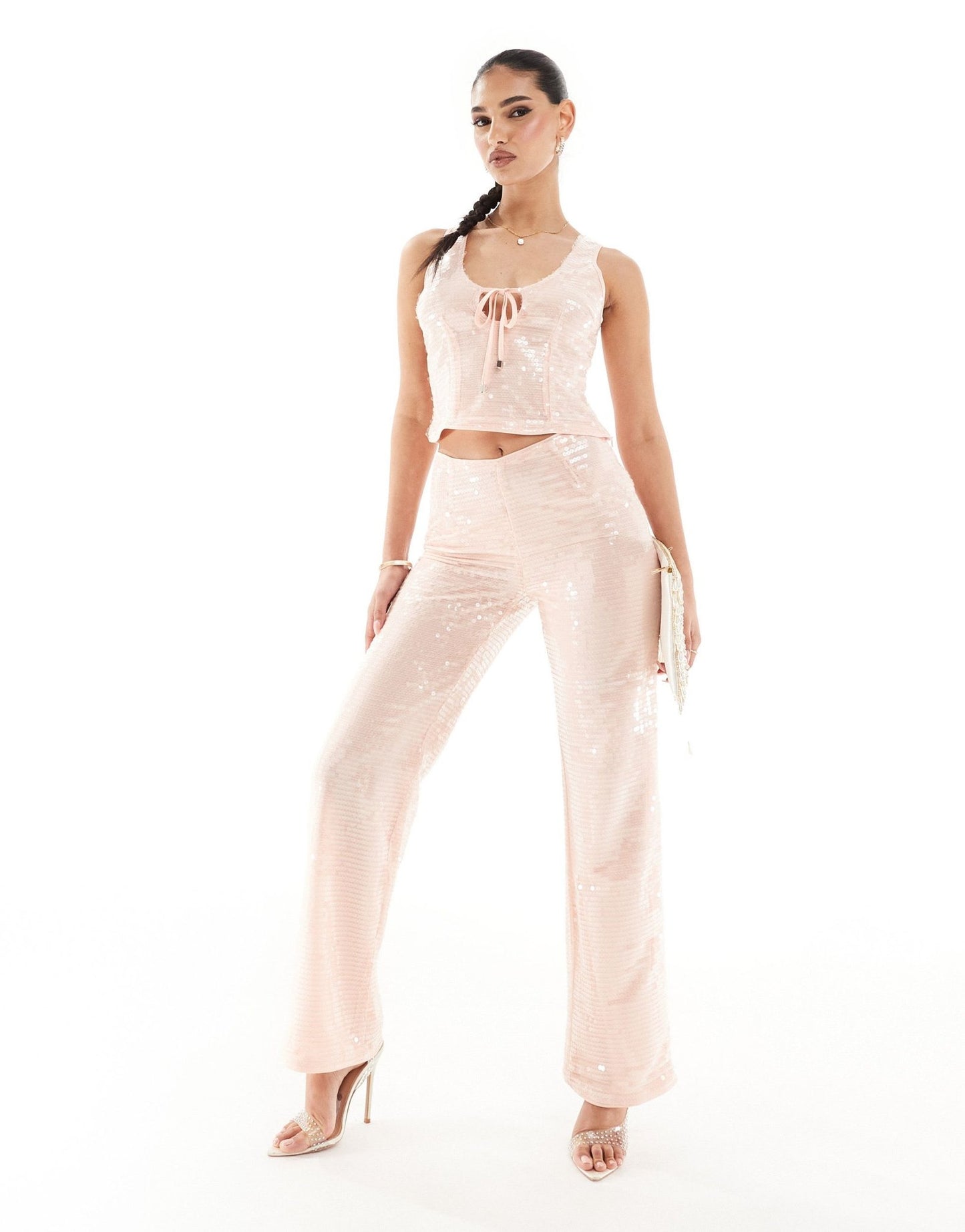 Kaiia exclusive sequin sleeveless tie front top co - ord in pale pink - ASOS Sample Sale EU Store