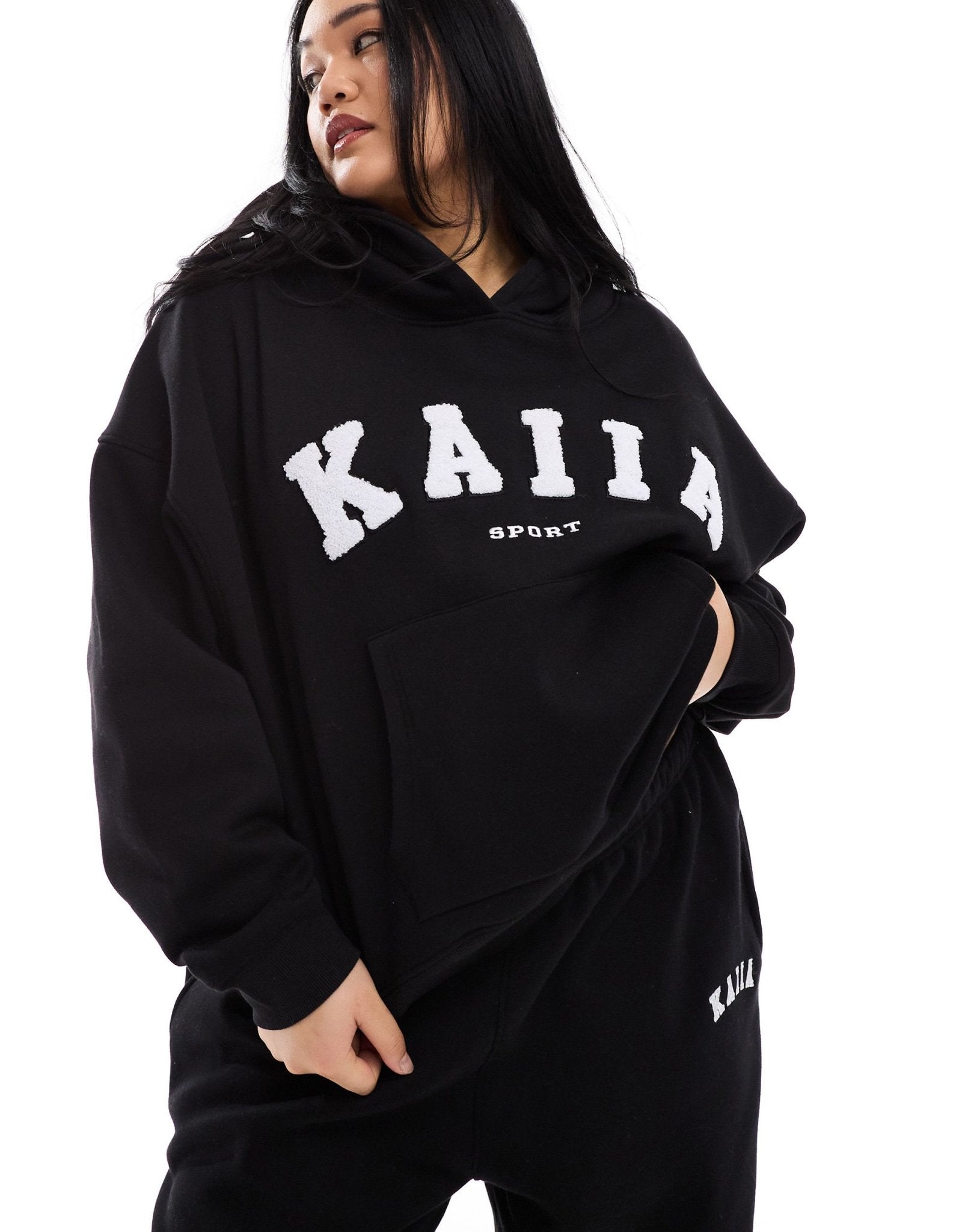 Kaiia Plus cotton blend logo oversized hoodie co - ord in black - ASOS Sample Sale EU Store