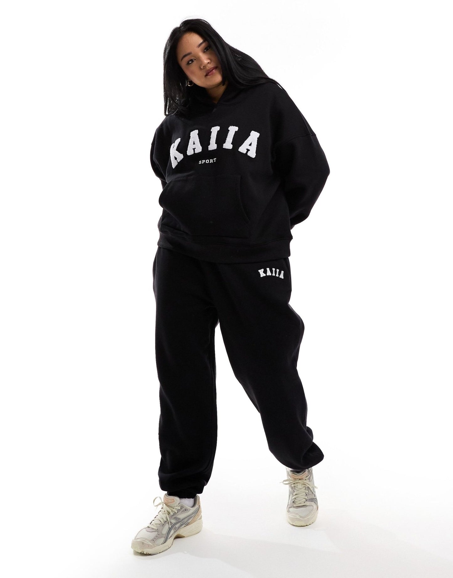 Kaiia Plus cotton blend logo oversized hoodie co - ord in black - ASOS Sample Sale EU Store
