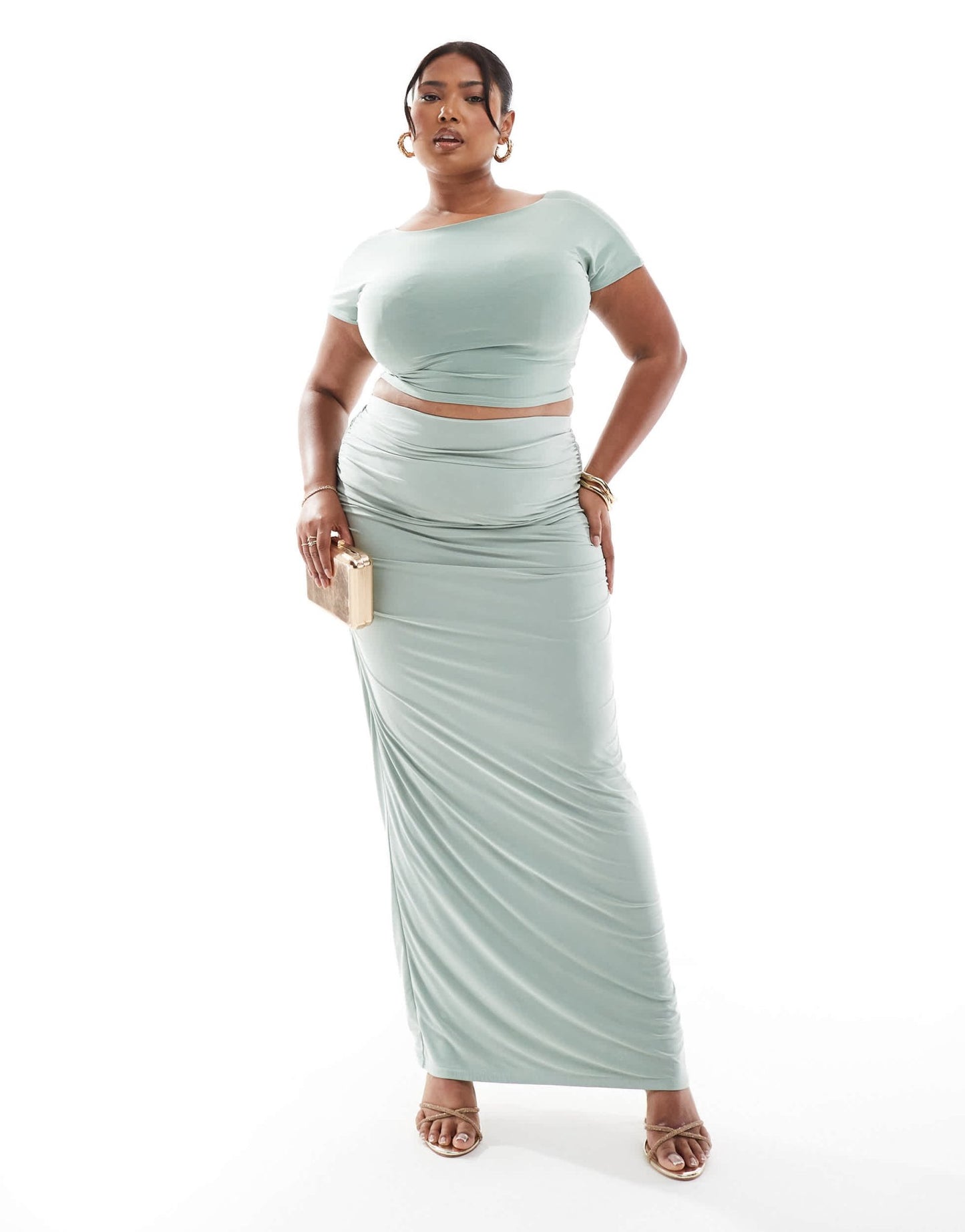 Kaiia Plus exclusive double layered slinky wide neck top co - ord in sage - ASOS Sample Sale EU Store