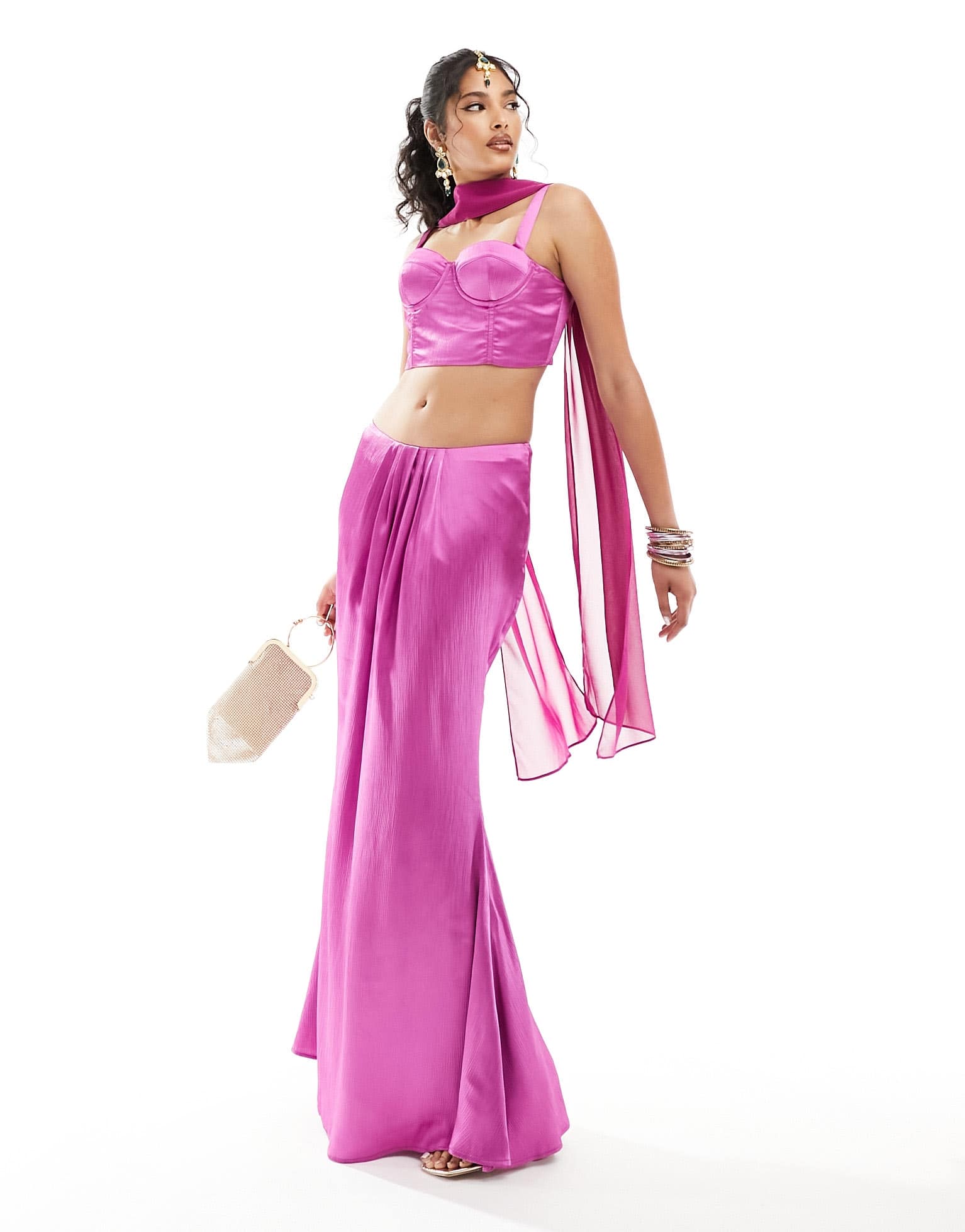 Kanya corset top co - ord with attachable mesh drape in fuchsia - ASOS Sample Sale EU Store