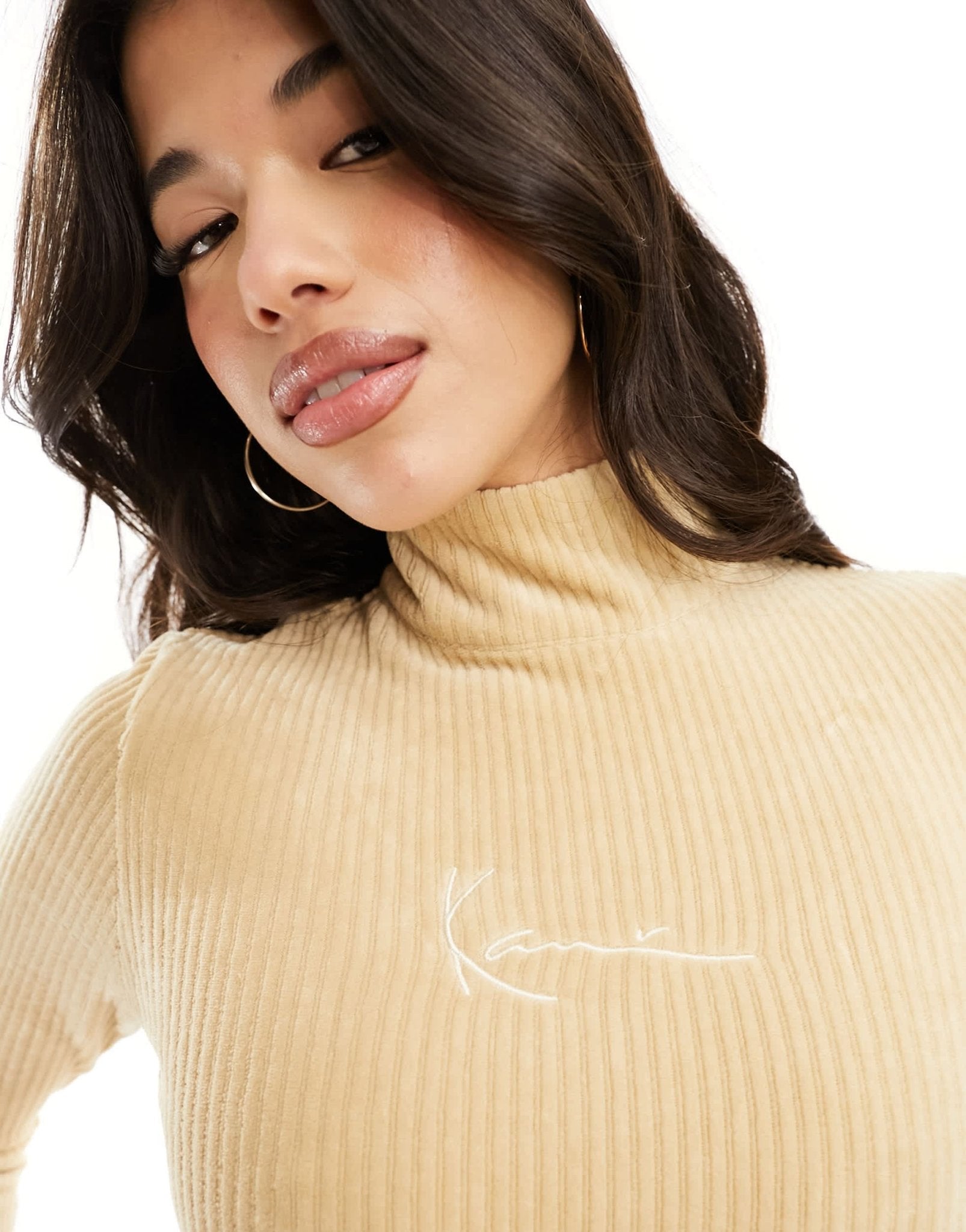 Karl Kani small signature ribbed turtle neck bodycon dress in beige - ASOS Sample Sale EU Store