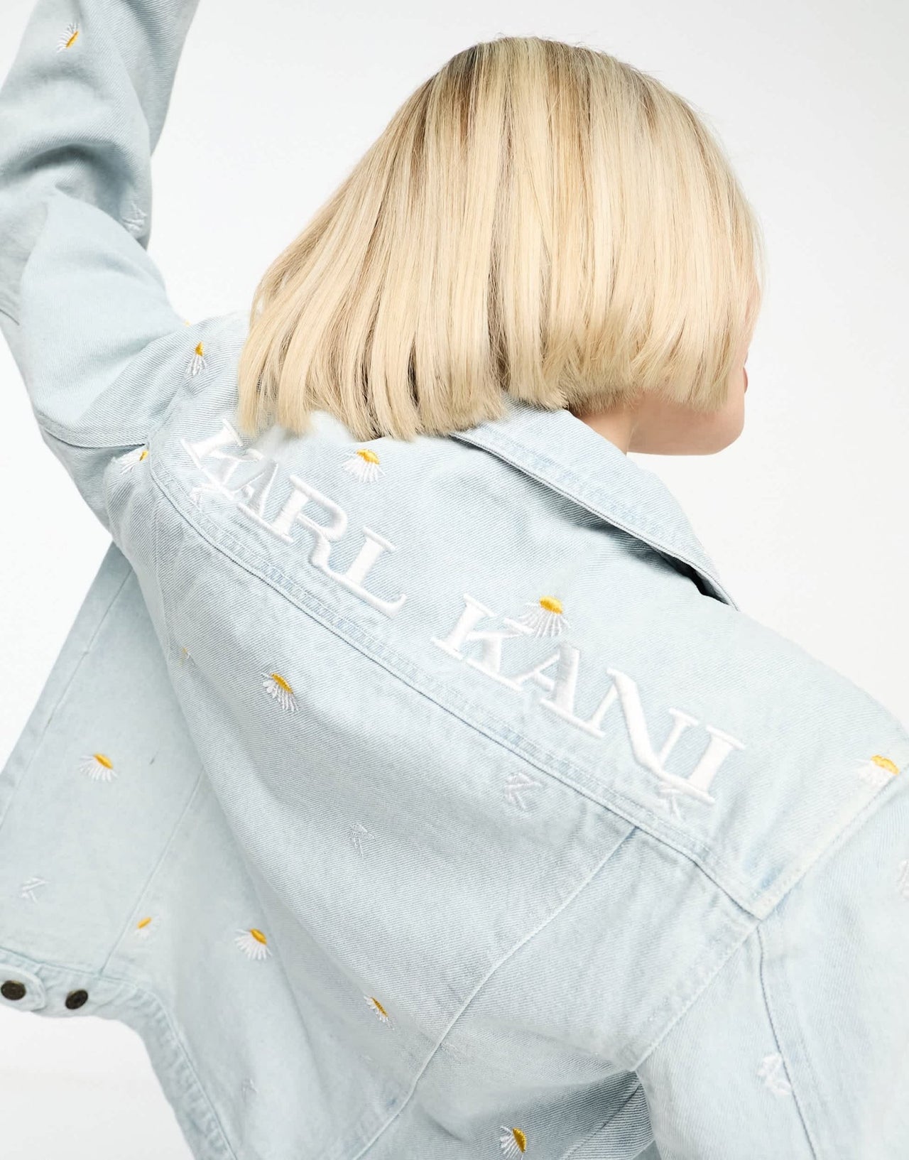 Karl Kani unisex co - ord OG denim trucker jacket in light blue with daisy embroidery - ASOS Sample Sale EU Store