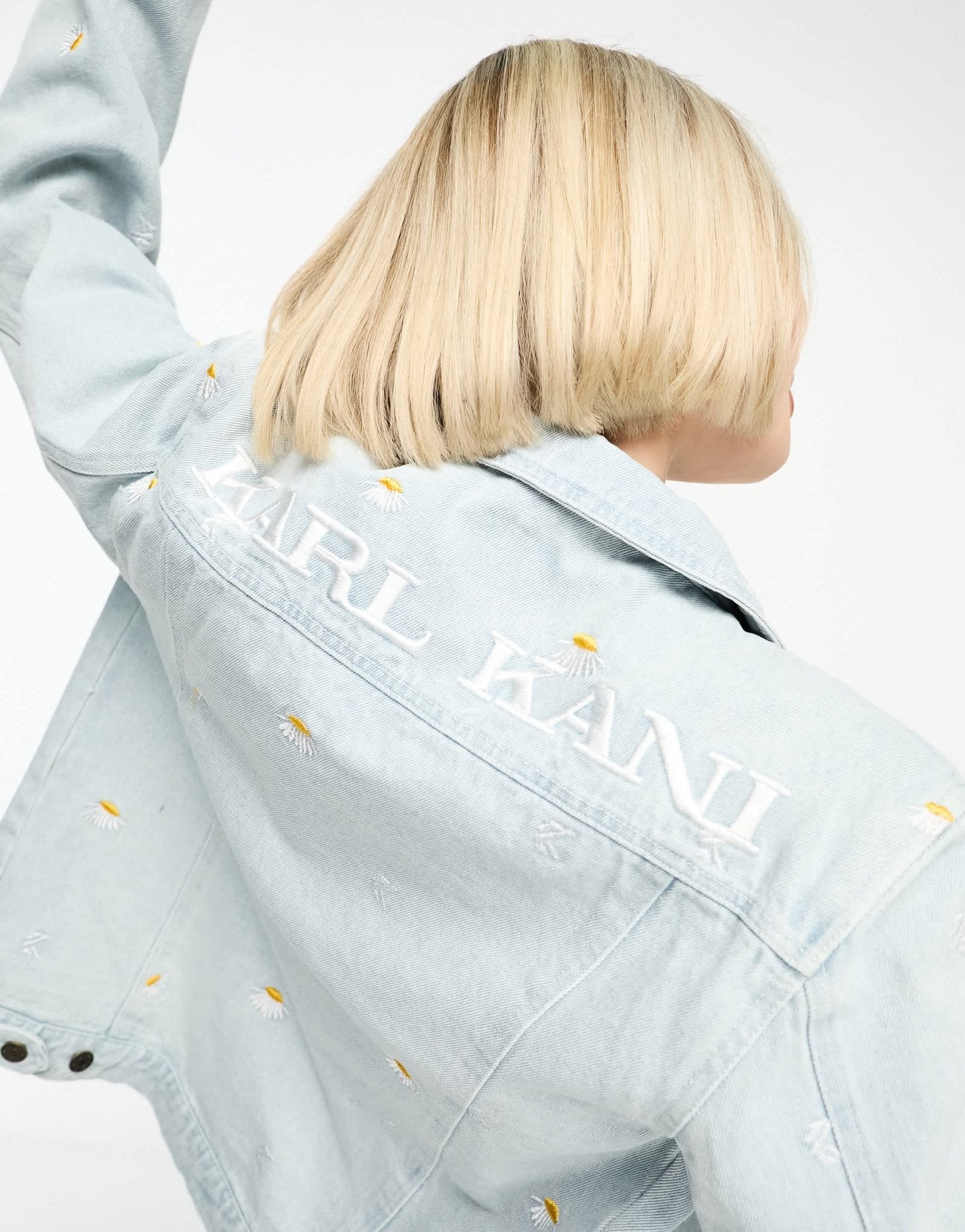 Karl Kani unisex co - ord OG denim trucker jacket in light blue with daisy embroidery - ASOS Sample Sale EU Store